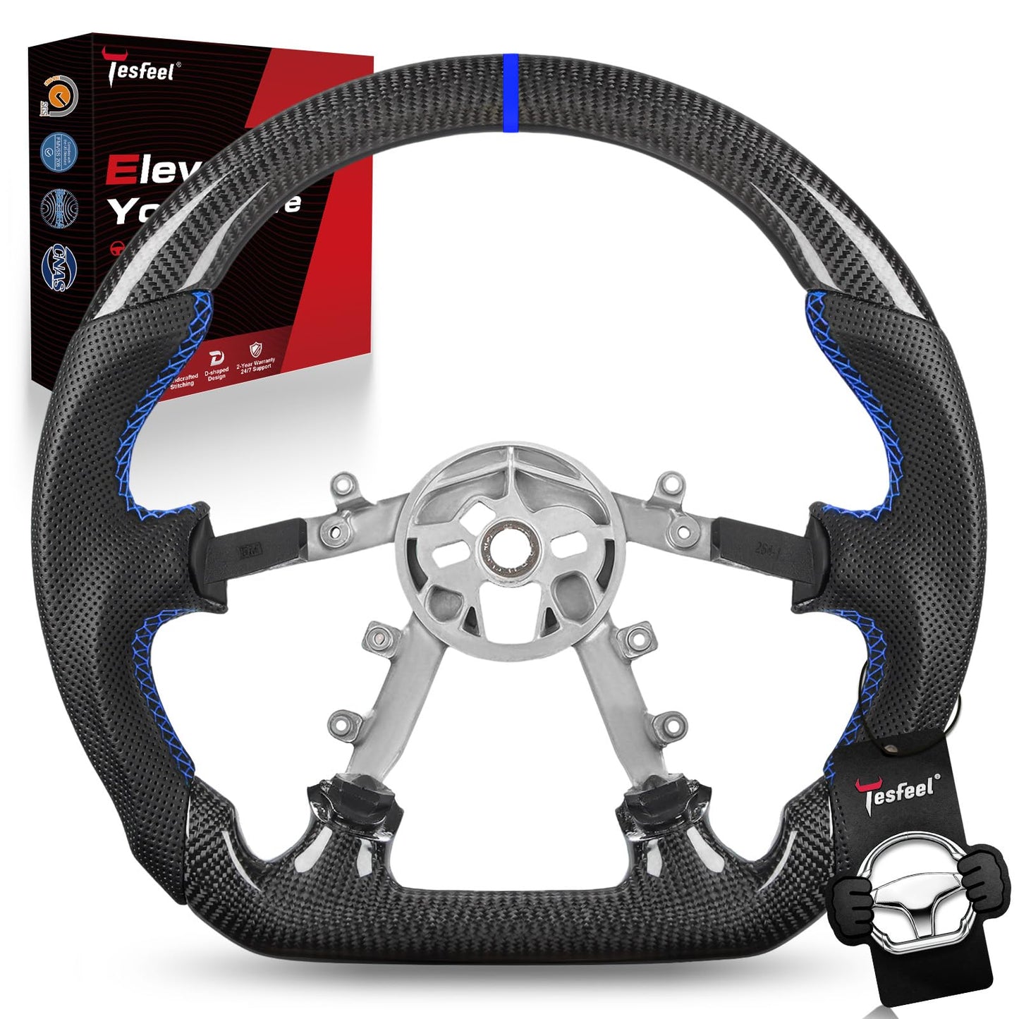 TESFEEL Real Carbon Fiber Steering Wheel for Chevy Corvette C5 (1997-2004), D-Shape Flat Bottom, Blue Stripe & Stitching, Black Nappa Perforated Leather, Fits for C5 Base, Z06 & All Trims