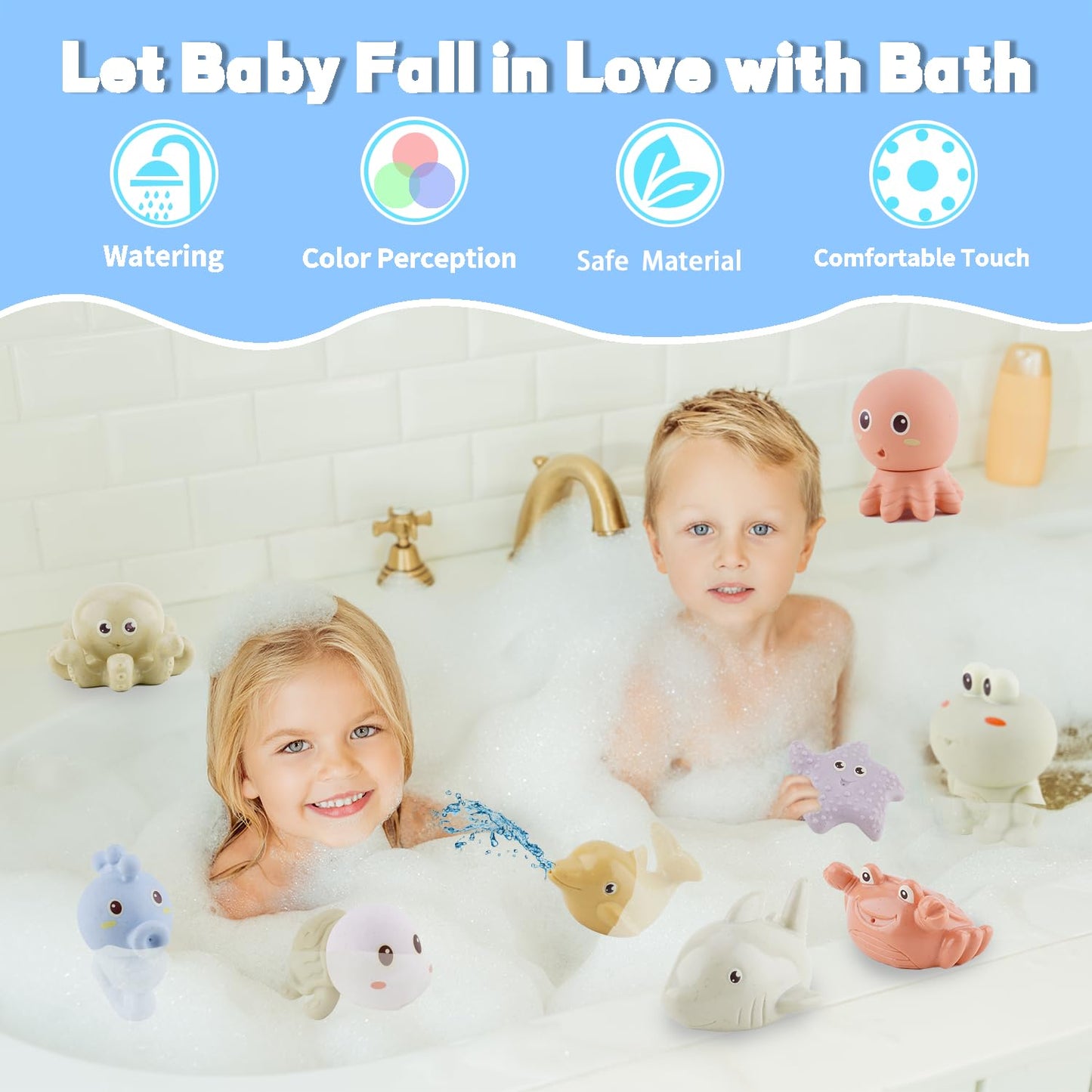 AMCHSURI Mold-Free Ocean Animal Bath Toys 10 Pack | Sensory Water Play Toys for Babies 6-18M & Toddlers 1-3Y | Safe Bathtub Pool Float Toys | Baby Shower, Birthday