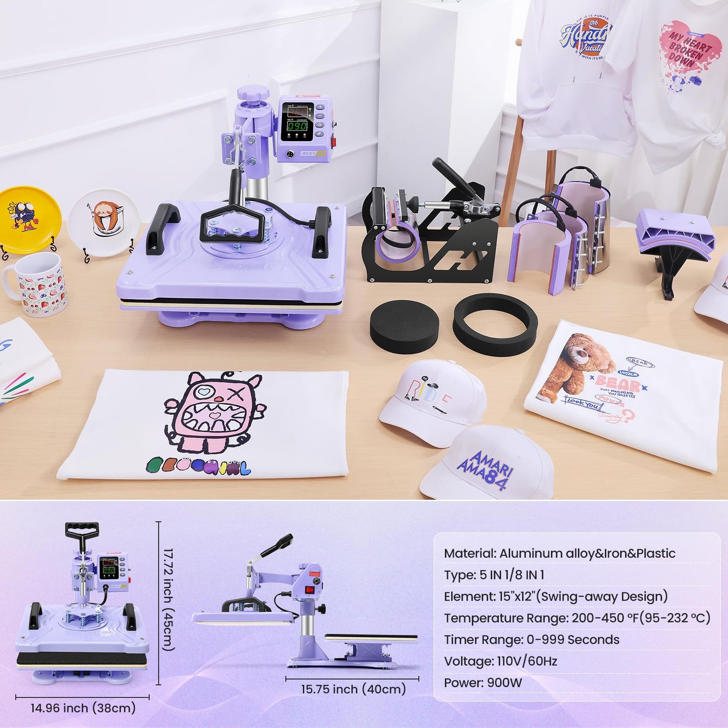 AKEYDIY Upgraded 5 in 1 Heat Press Machine for Tshirts 12X15 Inch, 360° Swing Away Shirt Press Machine for Sublimation, Multifunctional Heat Transfer Machine Combo for Shirts (Purple-5 in 1)