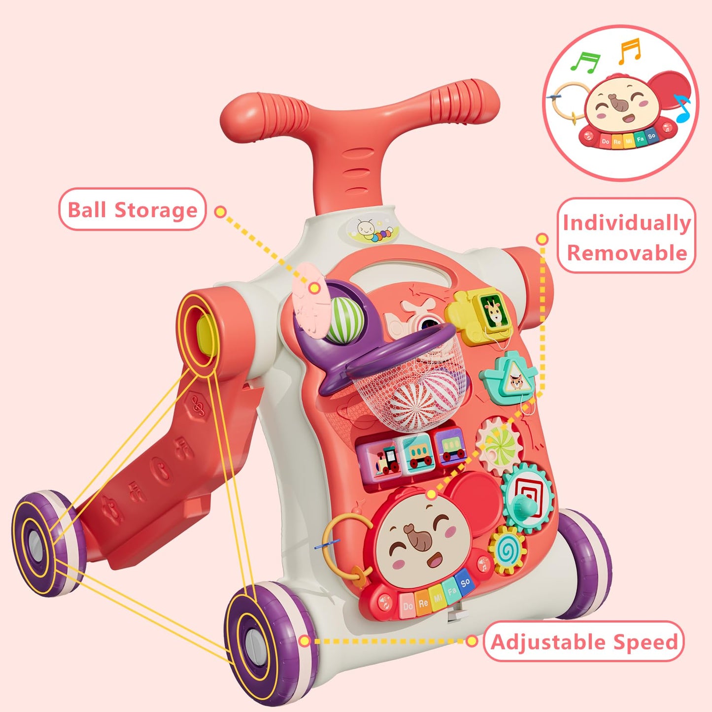 HYES Upgraded 5 in 1 Baby Walker and Activity Center for Baby Girl, Learning to Walk, Sit to Stand, Early Learning Push Toys for Infant 12 Months, Walking Toys Gift for Toddler Girls, Red