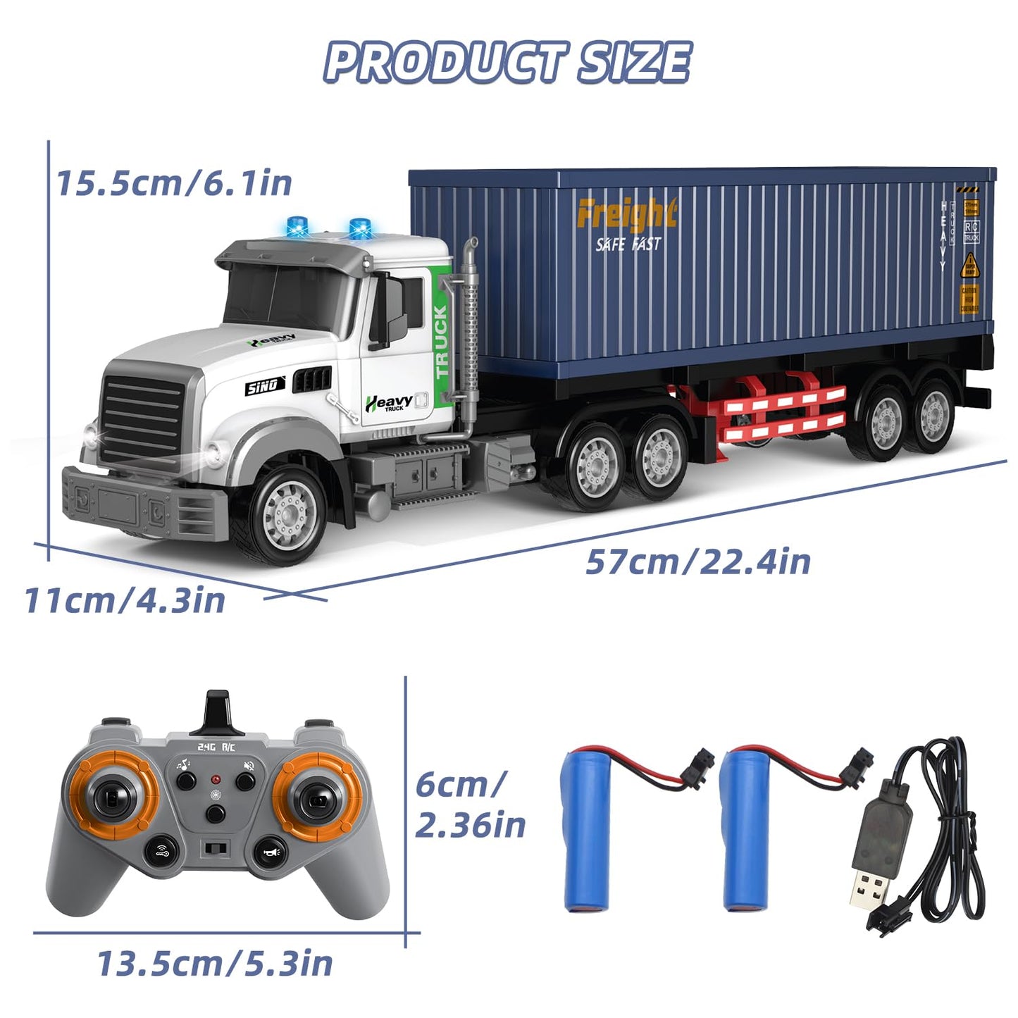 Mostop RC Semi Truck with Trailer, 23.6 Inch Remote Control Semi Truck Toy for Kids 3-8, 1:24 Scale Container Carrier Transport Vehicle with 2 Batteries, LED Lights & Sounds, Birthday Gift for Boys