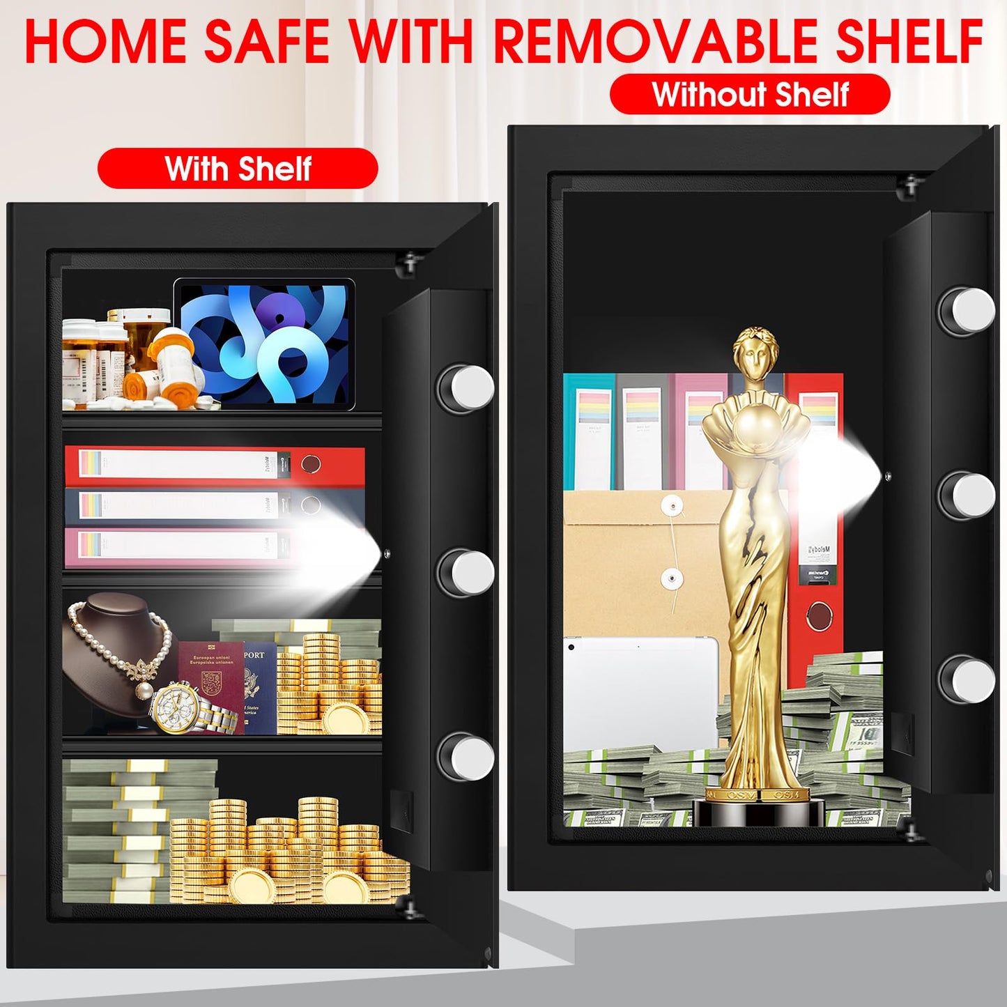 5.2 Cuft Large Home Safes Water and Fireproof, Fire Proof Safe for Home Use with Removable Shelves, Alarm System and Mute Function, Anti-Theft Safes for Home Use Fire and Water Proof for Document