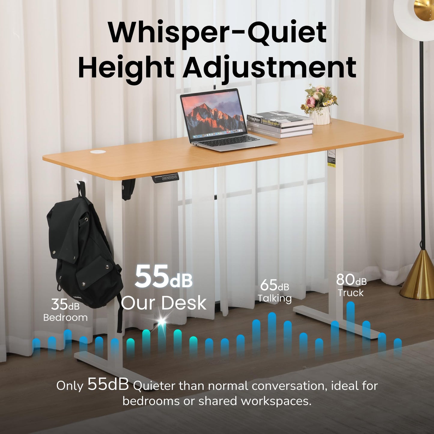 Hexago 63 x 24 Inch Electric Standing Desk, Adjustable Sit Stand Desk with Splice Board, 3 Memory Presets, Dual Hooks, T-Leg Frame – Oak
