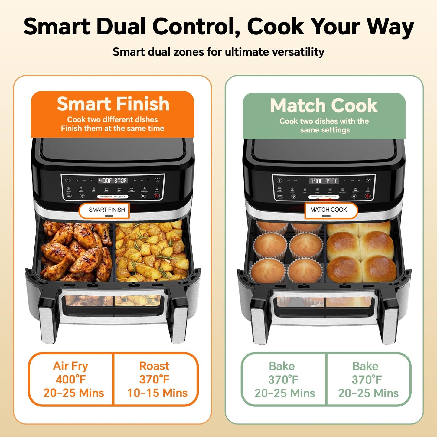 Emphsism 1600W Dual Zone Air Fryer Oven,12.69QT with Divider,Nonstick & Dishwasher-Safe Basket,Match Cook & Smart Finish to Roast,Recipes for Easy Cooking,Digital Touchscreen,Metal Sliver