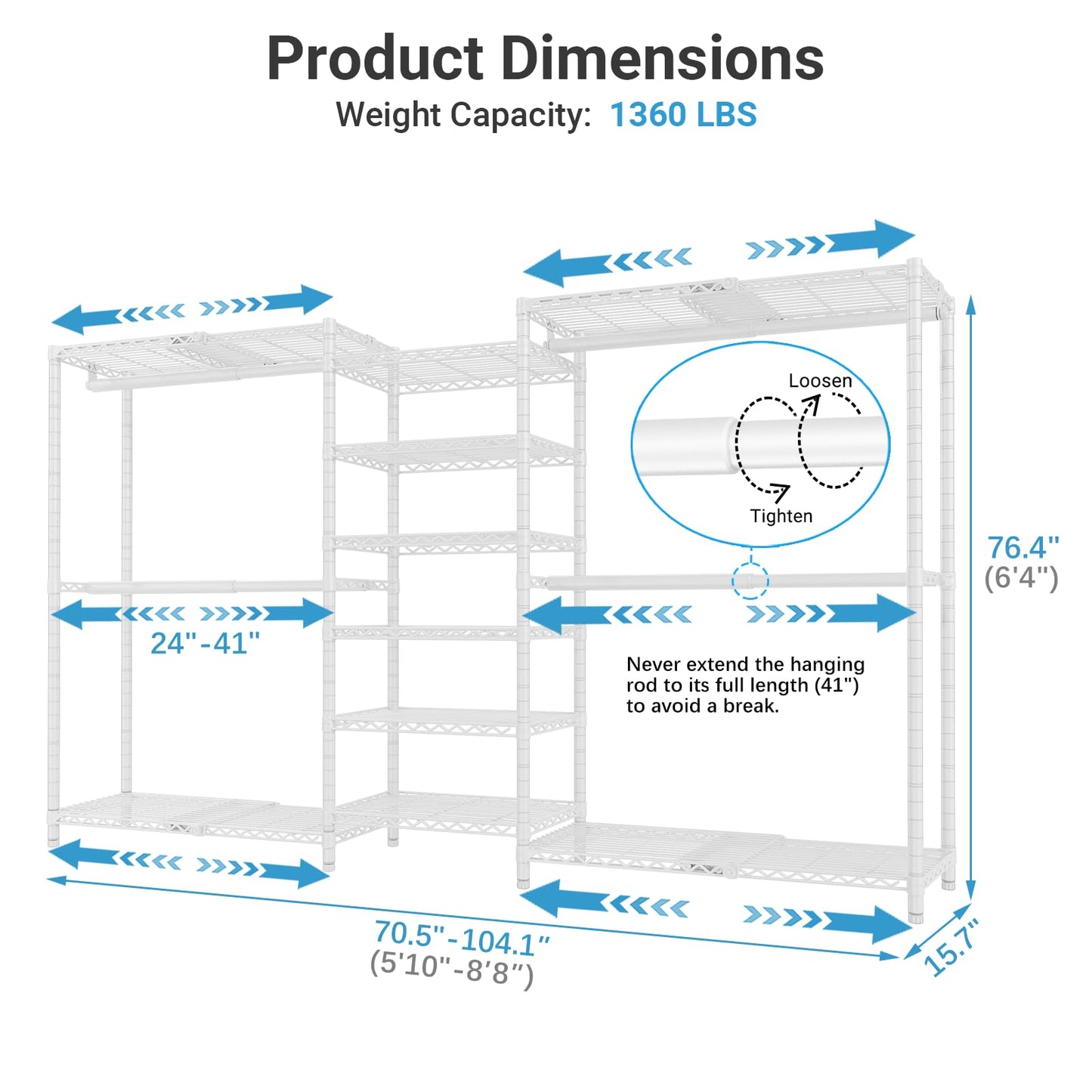 VIPEK X3 Plus Large Expandable Closet Rack Adjustable from 5'10" to 8'8" with Extendable Shelves and Hanger Rods, Freestanding Clothing Racks Modular Closet Systems Wardrobe, Max Load 1360LBS, White