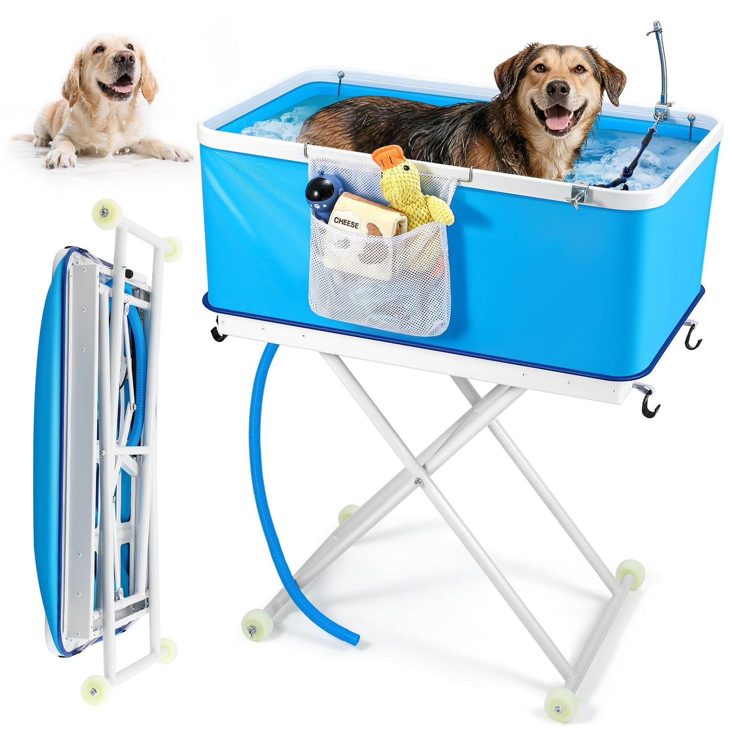 Proshine Foldable Dog Bathing Tub with Wheels, Adjustable Height 0-26.8" Pet Wash Station, Portable Dog Bath Tub for Large Dogs Up to 90lbs, with Drain & Storage Bag