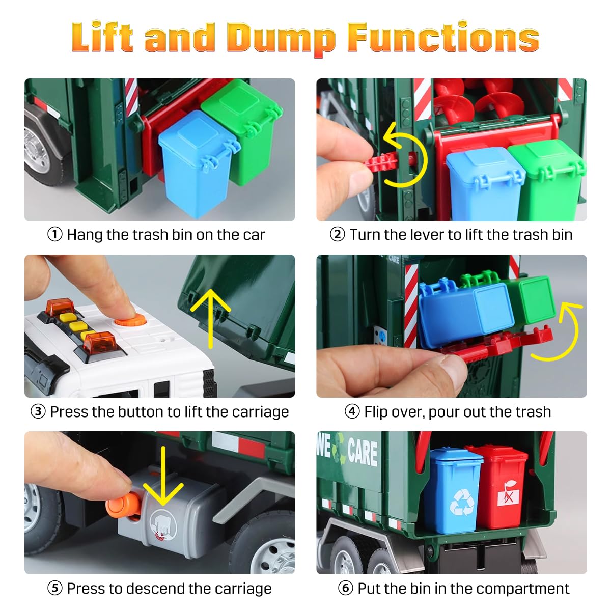 Garbage Truck Toy, Large Friction Powered Trash Truck Toy with Light and Sounds, 4 Trash Bins and Learning Cards for Kids