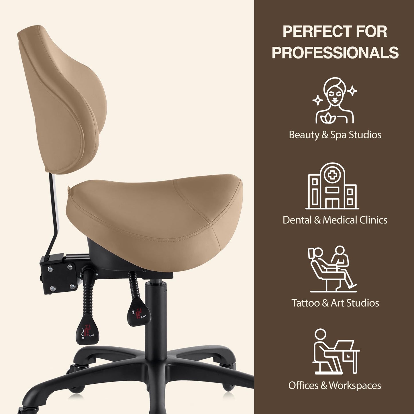 DR.LOMILOMI Pneumatic Swivel Rolling Saddle Chair with Wheels and Ergonomic Back Support for Hair Stylist, Dental Hygienist, Hygienic Clinic, Spa, Massage, Home, Office - 510 KOA (Tan, Standard)