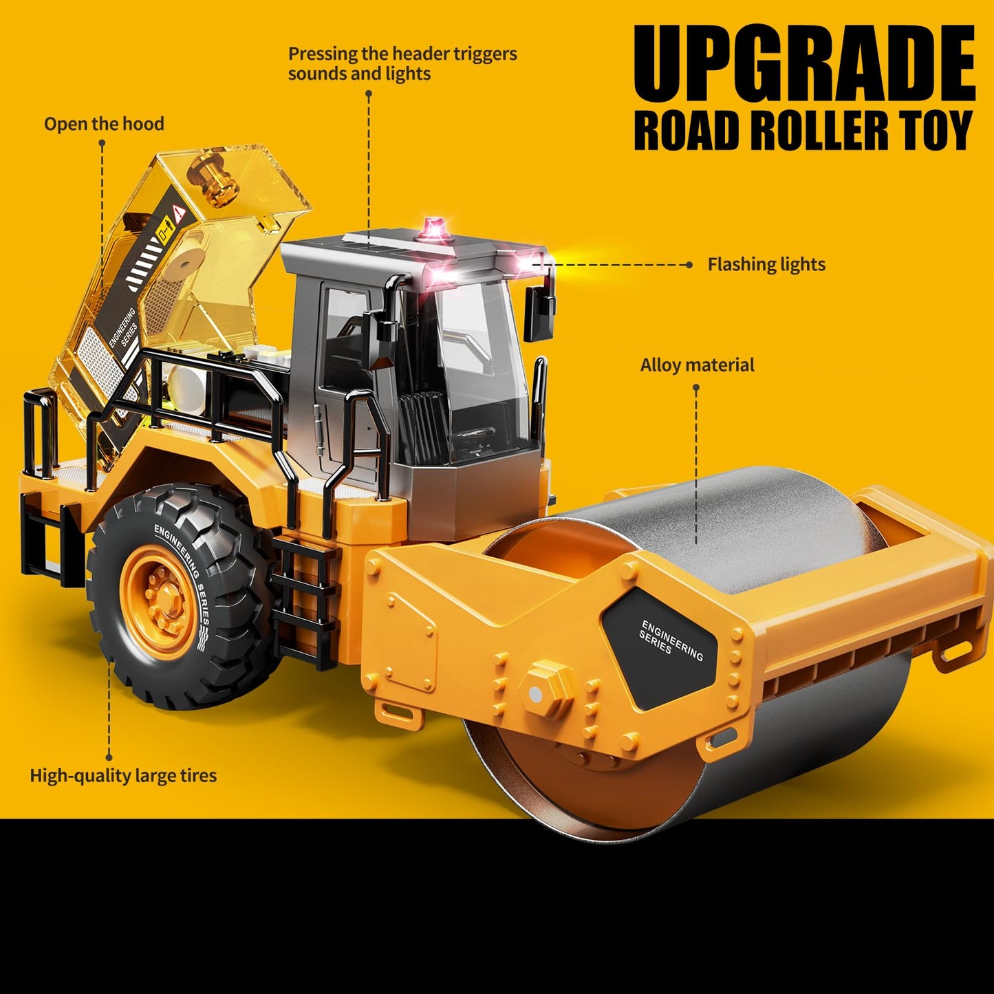 Pupu Pig Kids Metal Construction Toys - Steam Roller, Upgraded Construction Vehicle with Lights and Sounds, Die-Cast Model Toy Car, Road Roller Toy for Boys Girls Toddlers Kids Gift, Ages 3+, Yellow