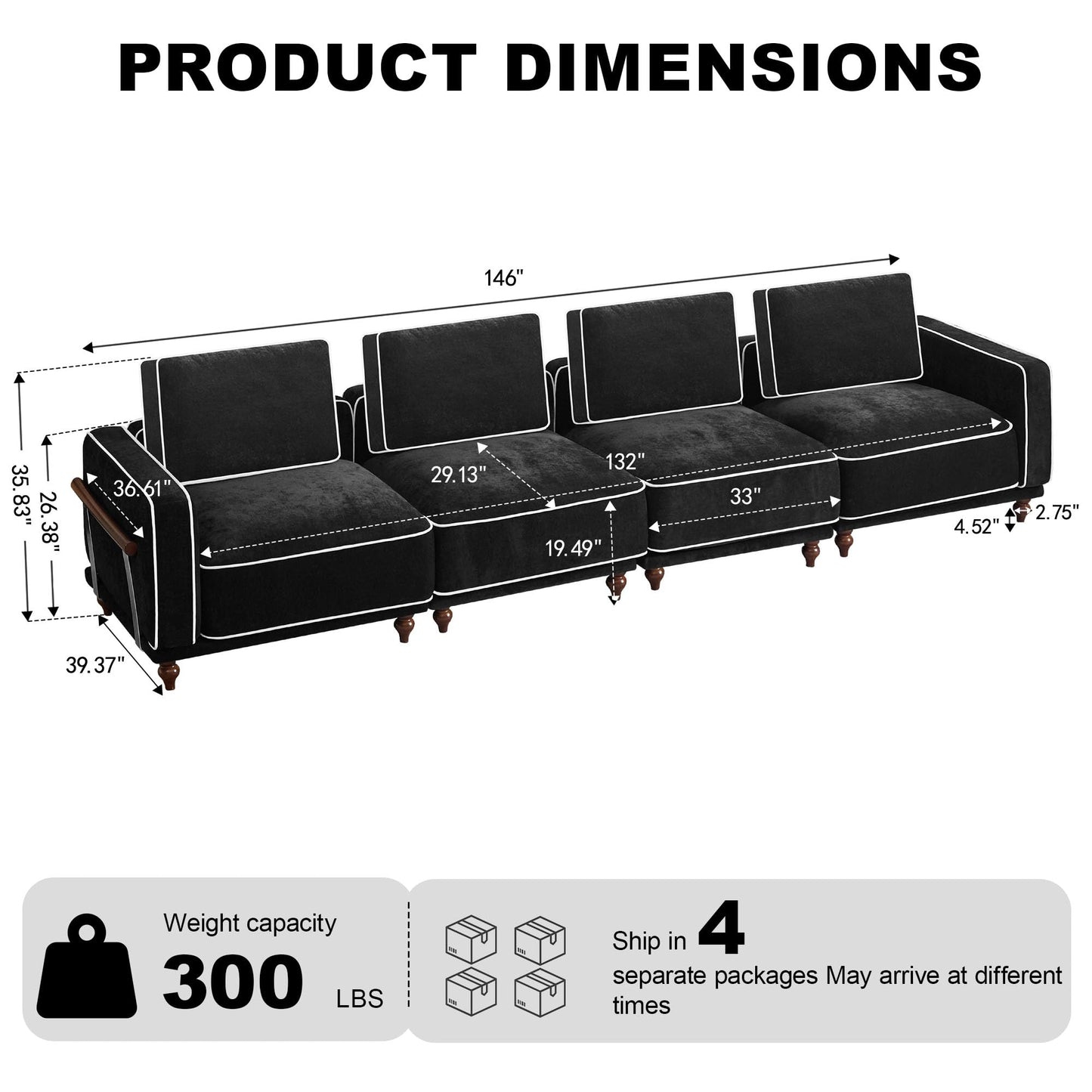 146" Cloud Modular Sectional Sofa,Oversized Deep 4 Seater Couch with Armrests Wooden Legs,Comfy Thicked Cushion Upholstered Sofa for Living Room Bedroom,Black