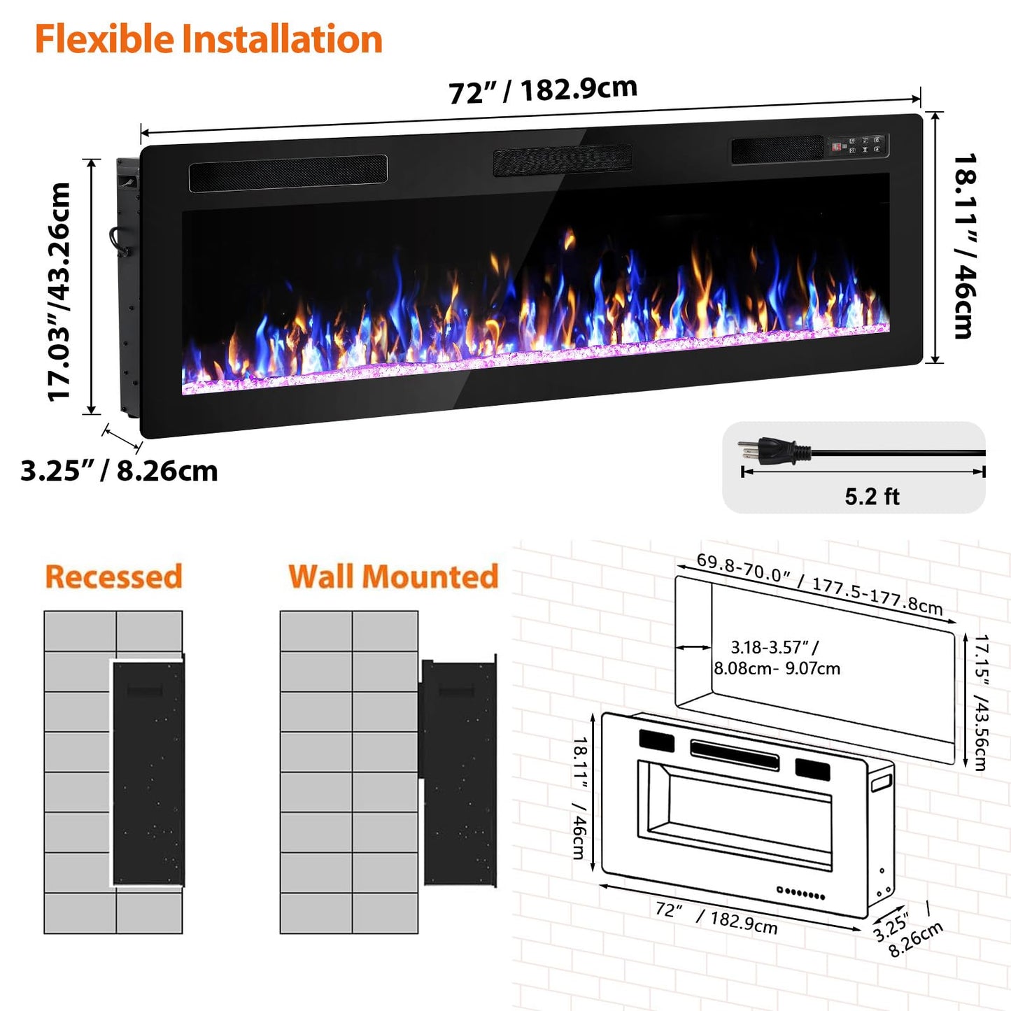 72 Inch Electric Fireplace, Ultra-Thin Fire Places Electric Fireplace Inserts Recessed and Wall Mounted with Remote Control & Touch Screen, 750W/1500W Fireplace Electric Heater with Timer, Multi-Flame