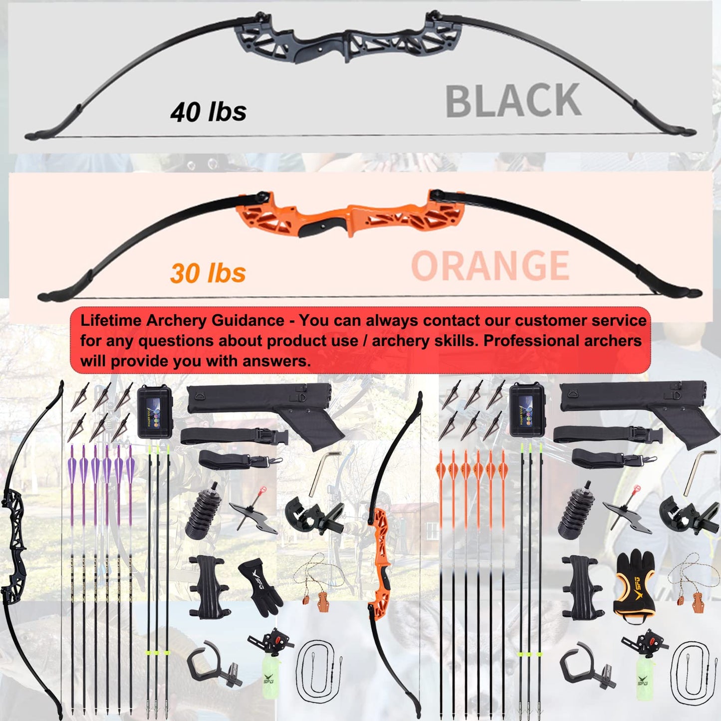 SOPOGER Bowfishing Recurve Bows Set - Archery Bow Kits Package Dual Use for Adult Hunting Practice Shooting Fish with Solid Fishing Arrows and Bowfishing Bottle Reels (Black 40Lbs)