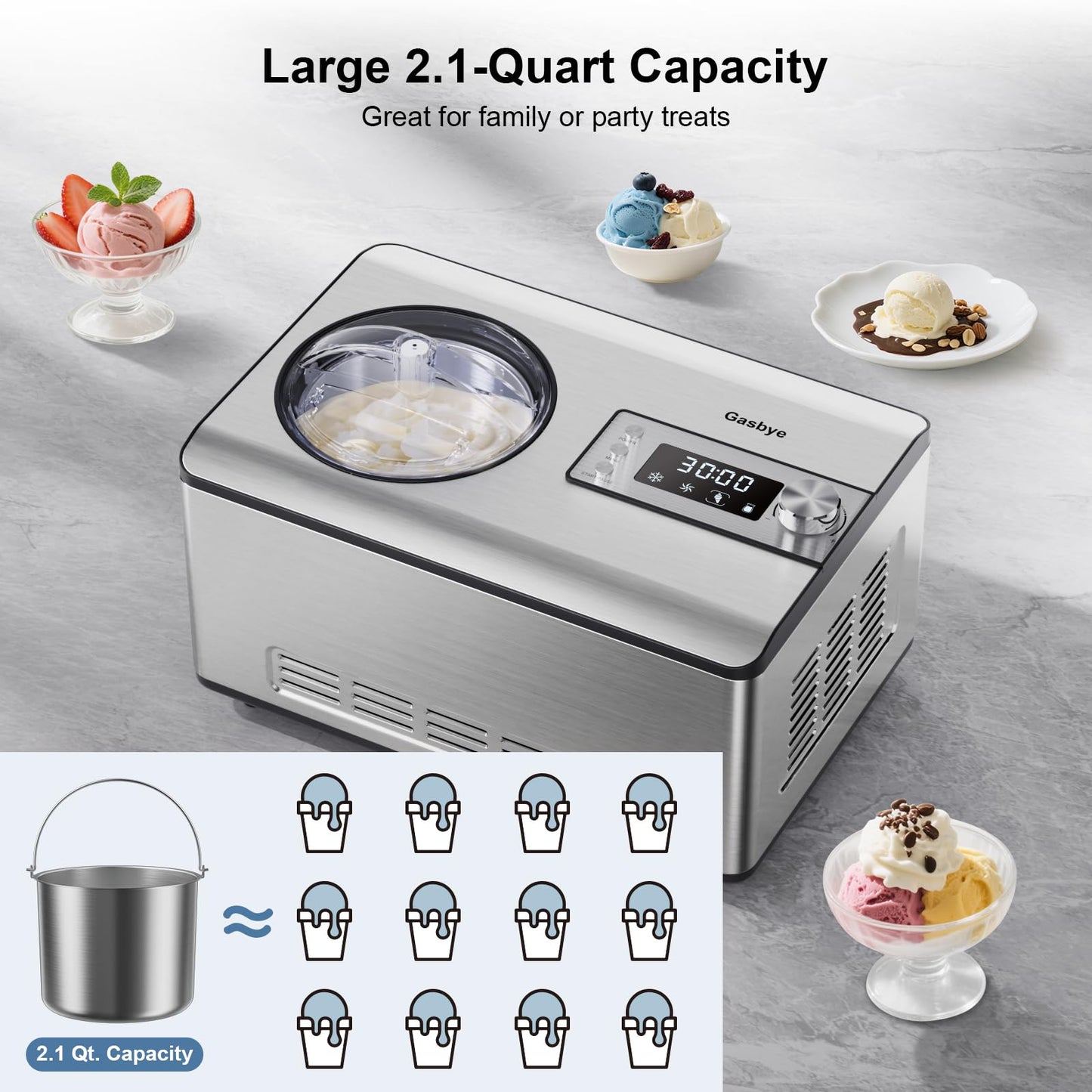 Gasbye Ice Cream Maker with Upgraded Compressor, [40% Faster Freezing], No Pre-Freezing Needed, LED Display, 2.1 Qt Capacity, Easy Operation for Ice Cream & Yogurt, Stainless Steel