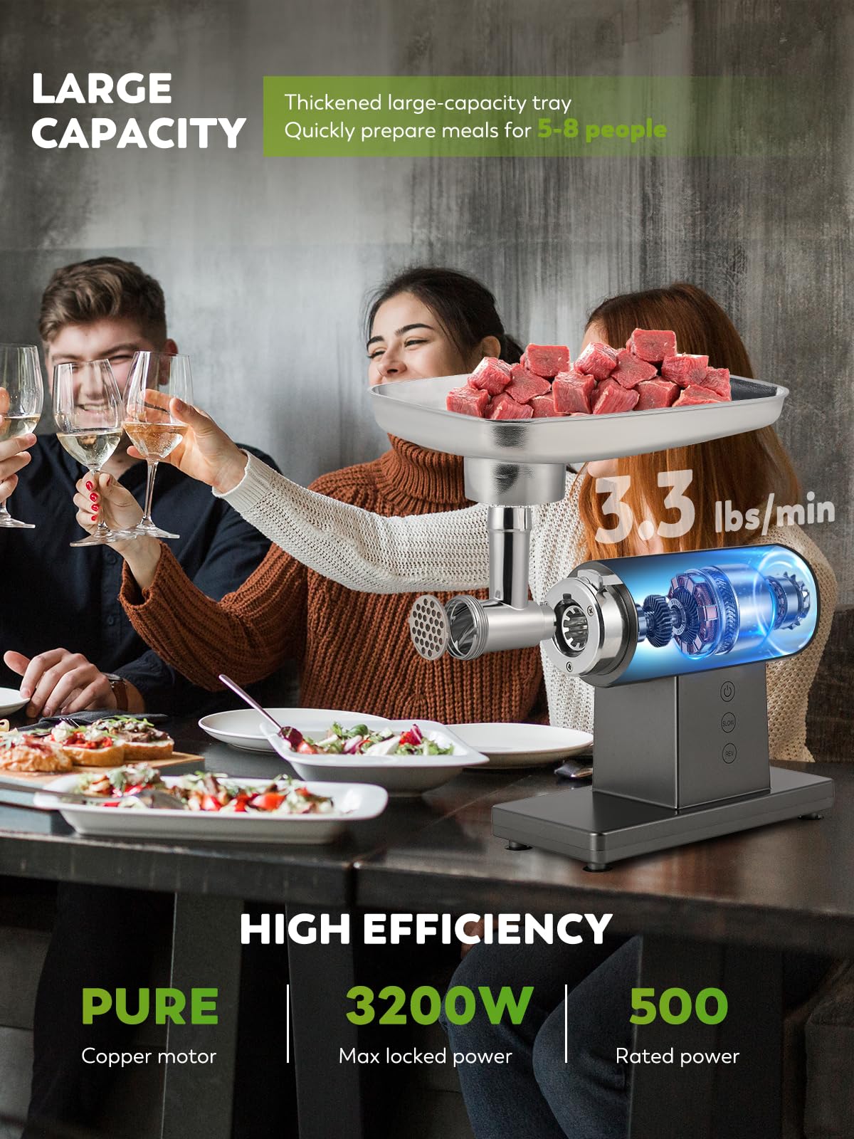 Flyseago Meat Grinder Electric 3200W Heavy Duty Meat Mincer Chopper Machine Touch Control Multifunctional with Cutting Blade 3 Grinding Plates 3 Sausage Stuffers Kubbe Kit for Household&Commercial