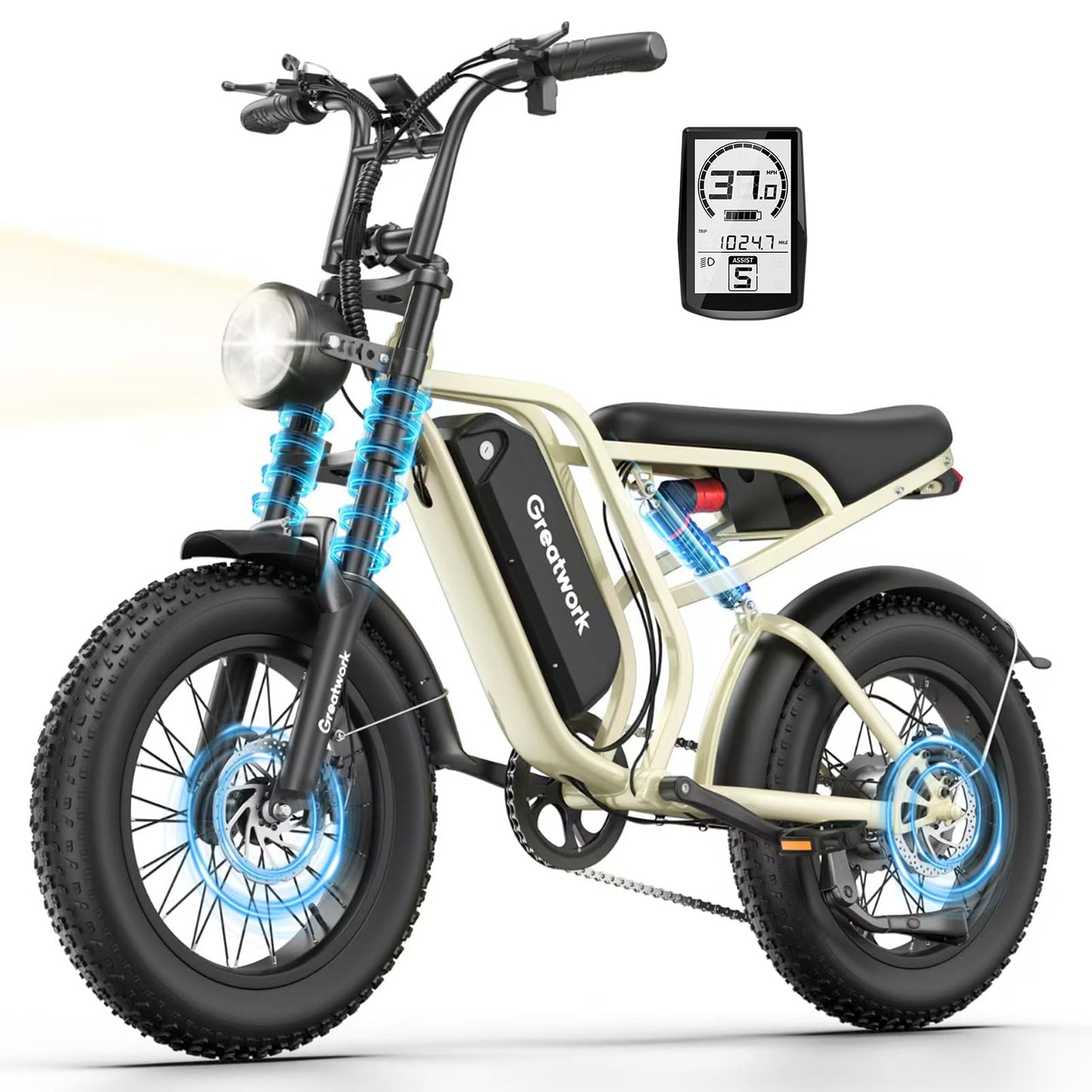 GREATWORK 2500W Peak Electric Bike with Full Suspension, 1200Wh Removable Battery, Max 37MPH & 100 Miles Electric Dirt Bike, 20"x4" Fat Tire Motorcycle, 7-Speed Commuter Ebike for Adults Men Women