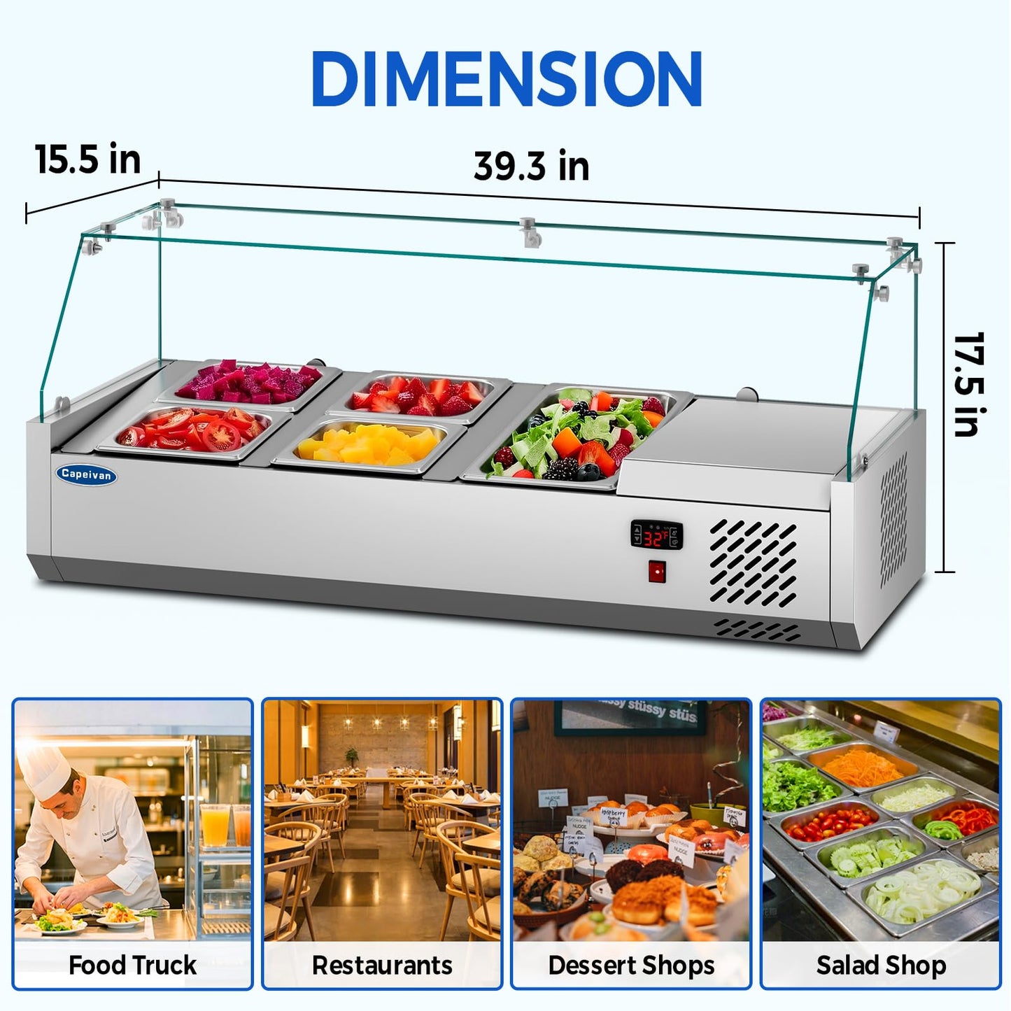 Capeivan Commercial Salad Bar Refrigerator with 3×1/3 GN Pans - 170W Countertop Refrigerated Display Case for Sandwich Prep, Cold Buffet & Portable Food Storage (0-12℃/32-53.6℉, Stainless Steel)