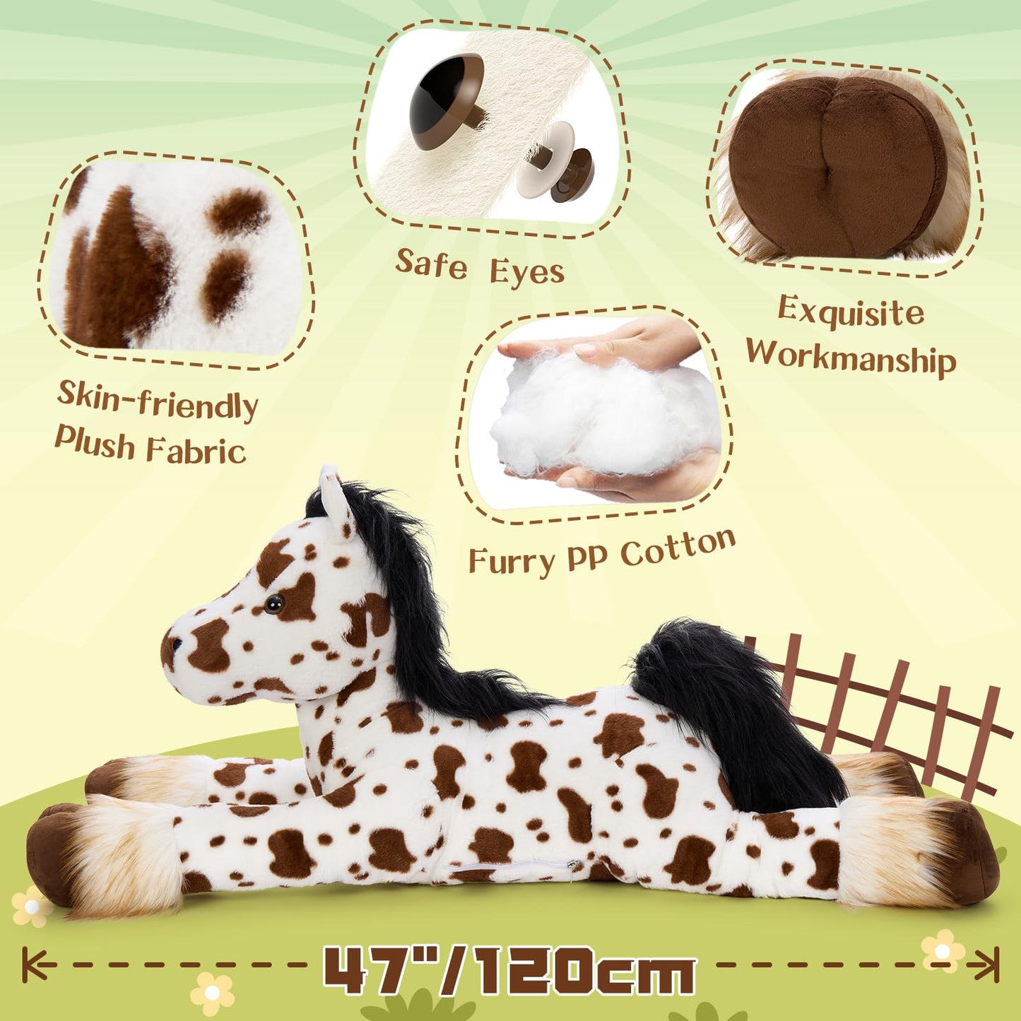 MaoGoLan 47" Giant Horse Stuffed Animal Plush Pillow - Appaloosa Spotted Stuffed Horse Toy for Girl Boy Kid, Ridable Stuffed Pony Spotted Horse Plush for Mother's Day Birthday Gift, Baby Shower Decor