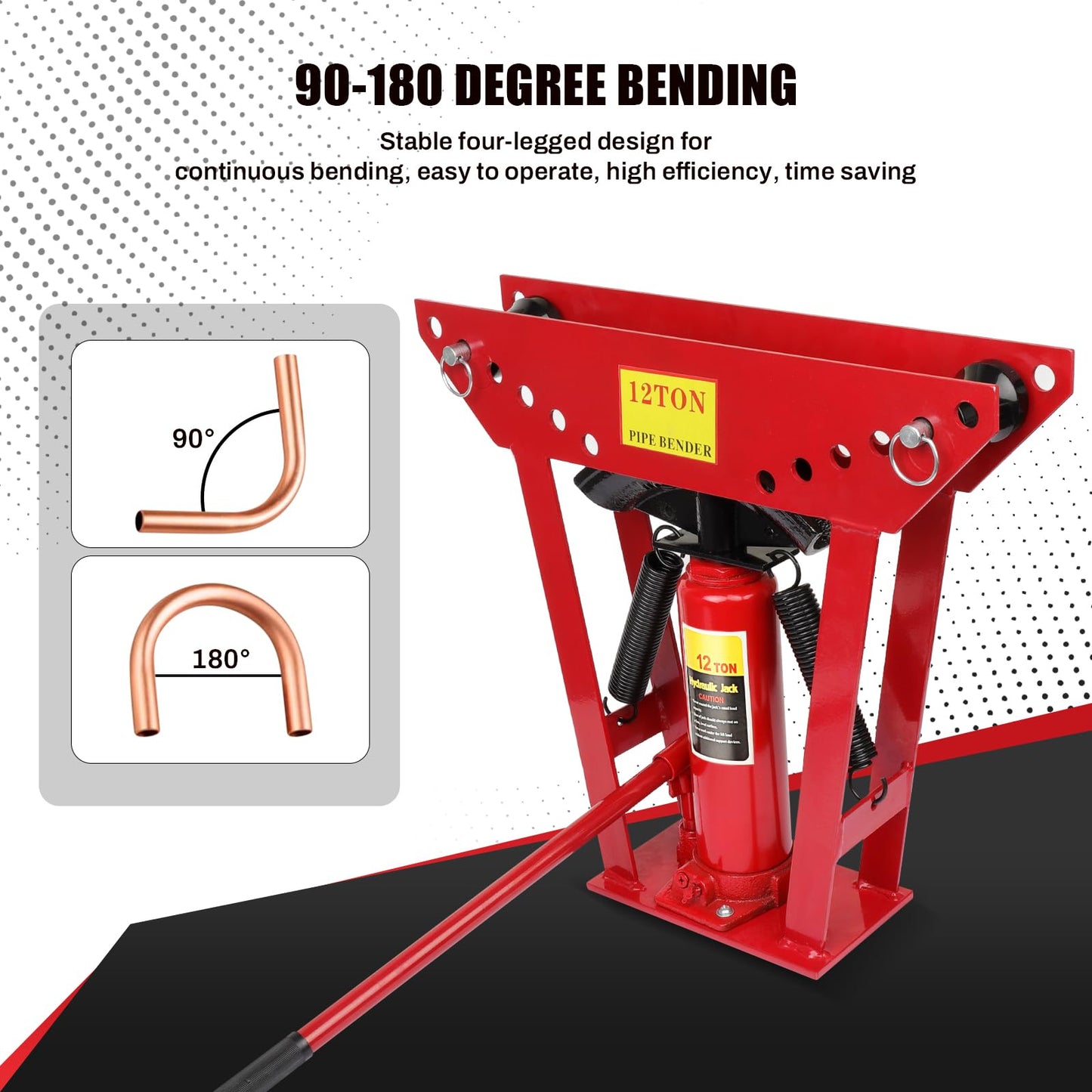 12 Ton Hydraulic Pipe Bender 6 Dies, Manual Copper Tubing Bender Tool 90°-180° Adjustable Rollers Steel Iron Metal Ratcheting