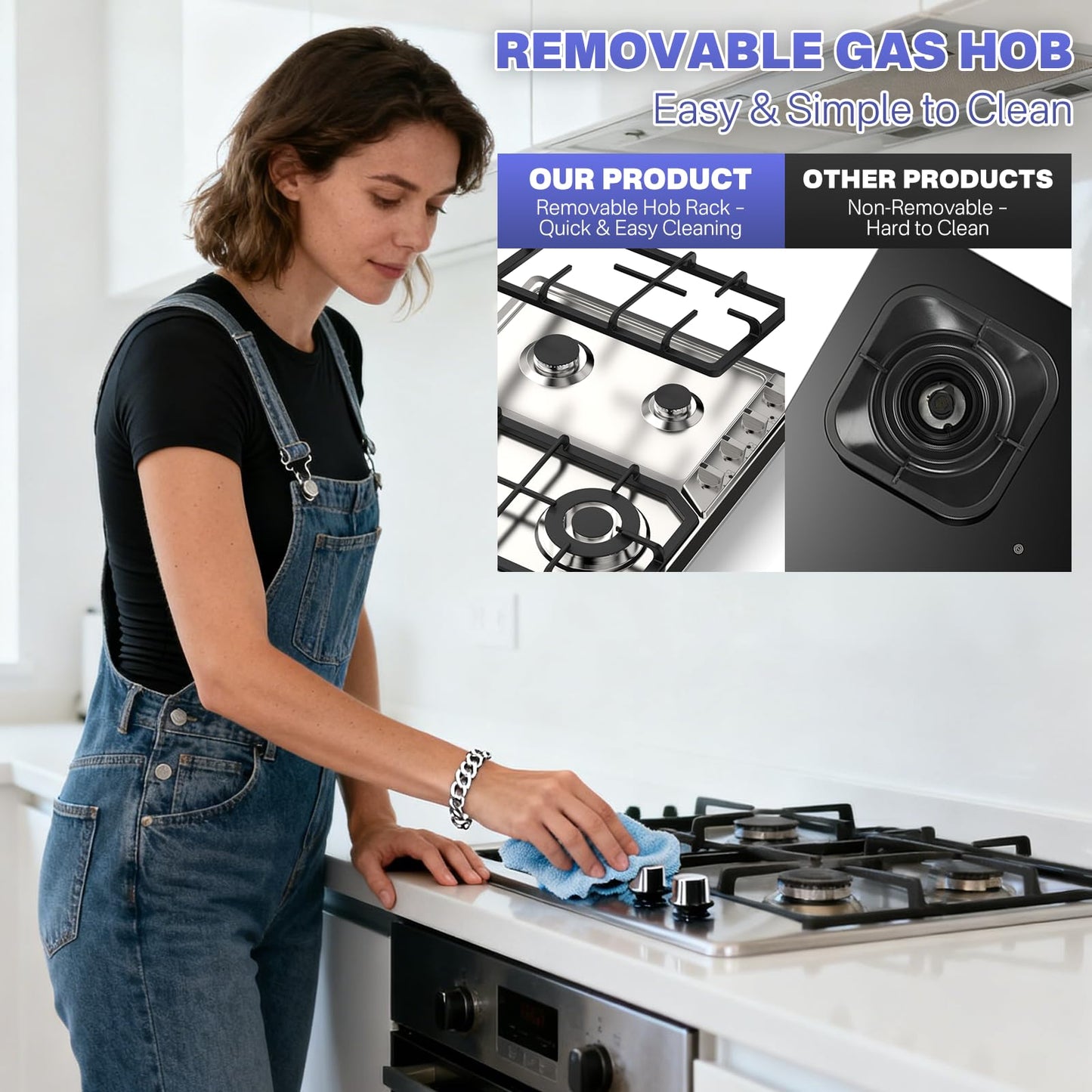 Nardea Gas Stove Top, 4 Burners LPG/NG Convertible Stainless Steel Gas Stove Top with Thermocouple Flameout Protection, Electric Ignition Built-in Countertop Hob for RV, Indoor & Outdoor Use