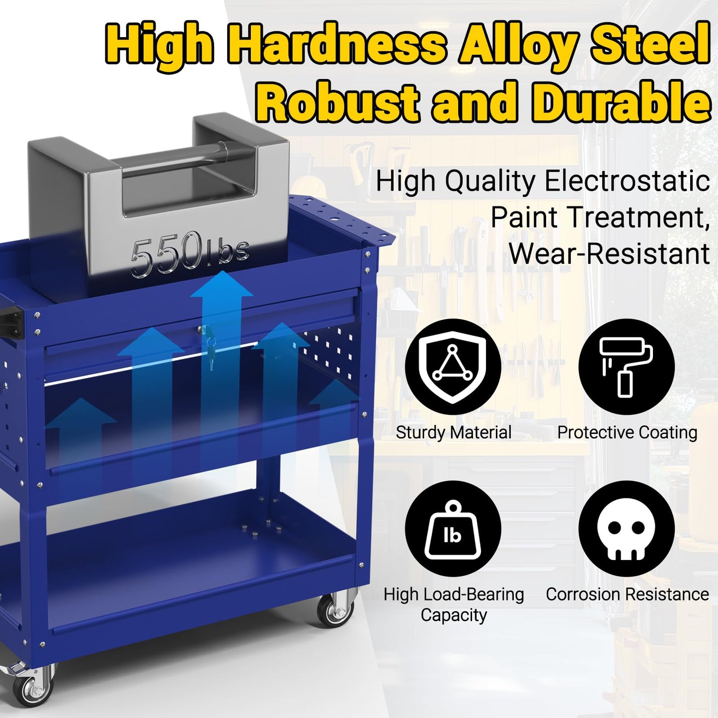 Cobinery 3 Tier Rolling Tool Cart on Wheels, 550 LBS Tool Cart with Drawers，Heavy Duty Utility Cart with Pegboard and Hook，Mechanic Tool Storage Cart for Garage, Warehouse and Repair Shop(Dark Blue)
