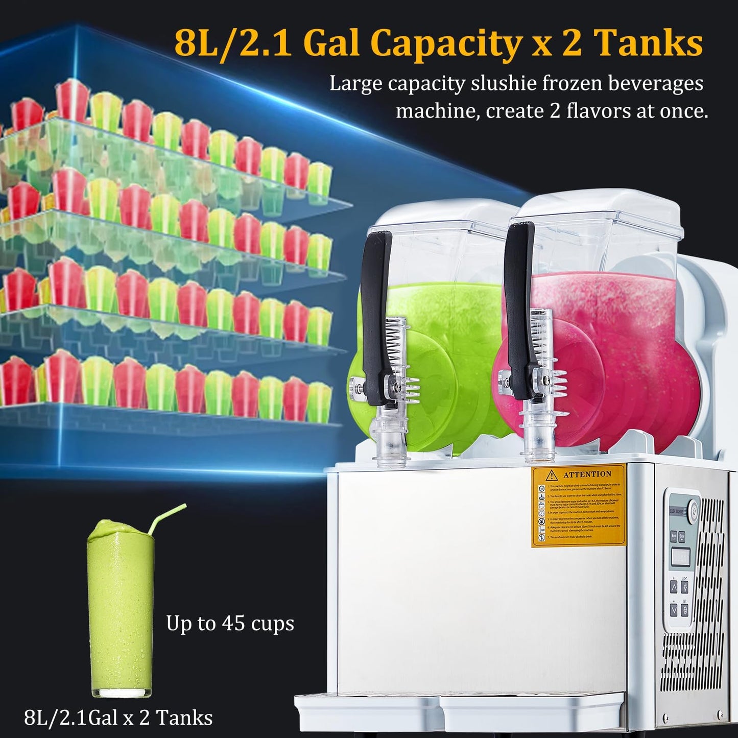 GarveeTech Commercial Slushie Machine - 4Lx2 Dual Tanks, 370W Stainless Steel, Self-Cleaning, Perfect for Frozen Drinks & Snow Melting, Ideal for Home, Coffee Shops & Restaurants White