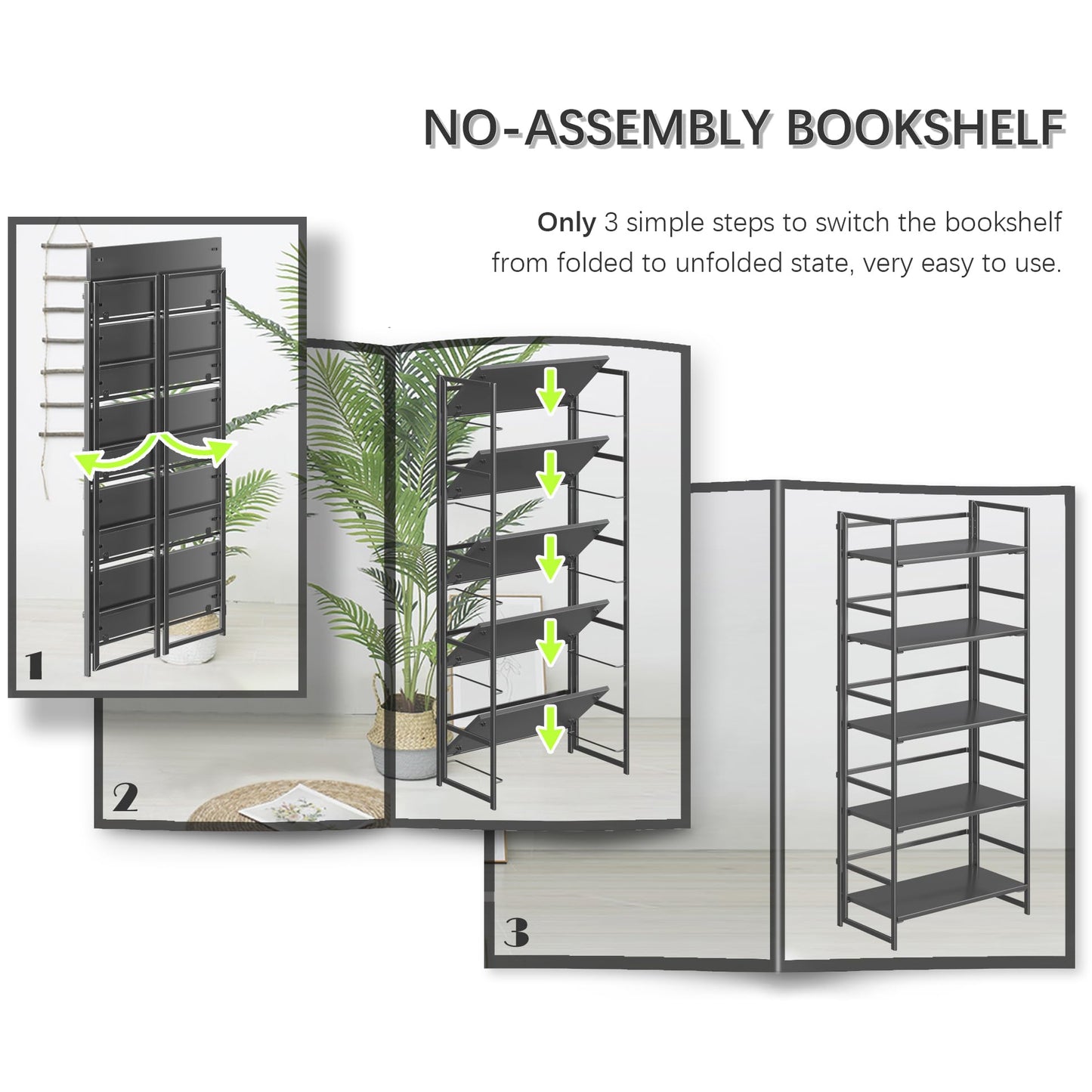 4NM No Assembly 5 Tiers Collapsible Book Shelves, 51.2" H Folding Bookshelf Bookcase Open Industrial Foldable Shelves for Bedroom, Living Room, Home Office - All Black