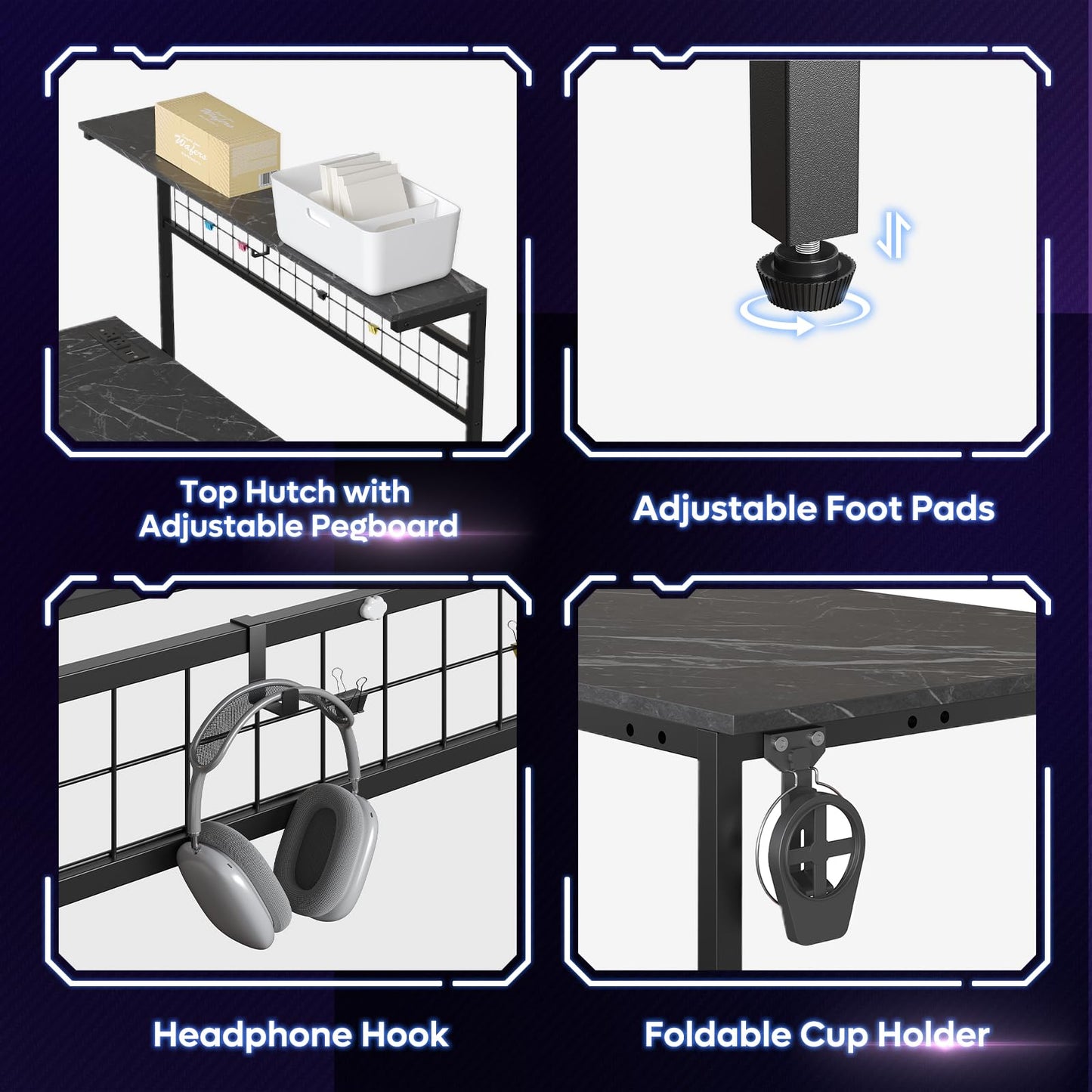 Bestier 42 L Shaped Gaming Desk, Computer Desk with Power Outlets & LED Light, Reversible Corner Desk with Shelves, Home Office Desk with Storage, Black Marble