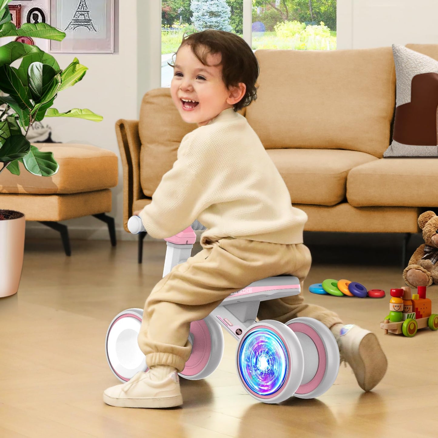 ESPRAY Colorful Lighting Baby Balance Bike Toys for 1 Year Old Girls Gifts, Toddler First Bike 12-24 Months with Adjustable Soft Seat, 4 Silent Wheels Ride on Toy, Perfect First Birthday Gift