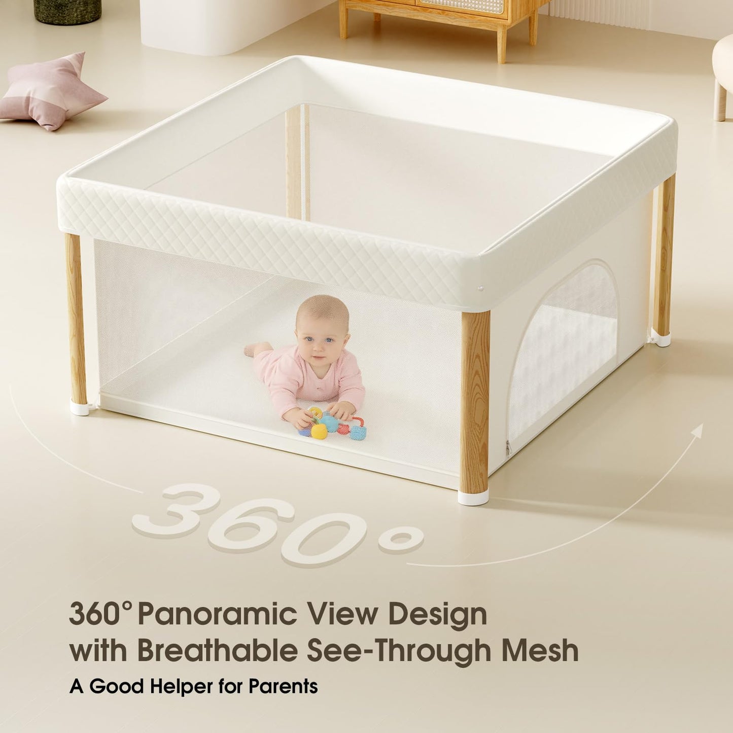 Cbcvvaer Foldable Baby Playpen, 59x59 Foldable Play Pen for Babies and Toddlers, Portable Playpen Indoor Outdoor, Kids Safety Area Travel Play Yard with Storage Bag White