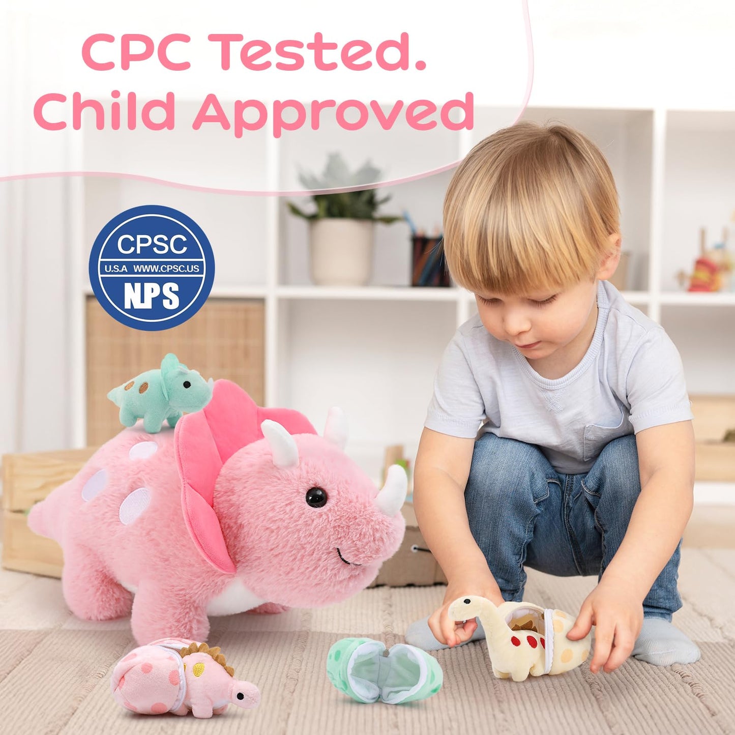 Karister 17.6in Pink Dinosaur Toys for Girls, Mommy Dinosaur Stuffed Animal with 3 Baby Dino Plush(Triceratops, Stegosaurus and Diplodocus),Small Dino Plushies for Girls and Boys,Gifts for Kids