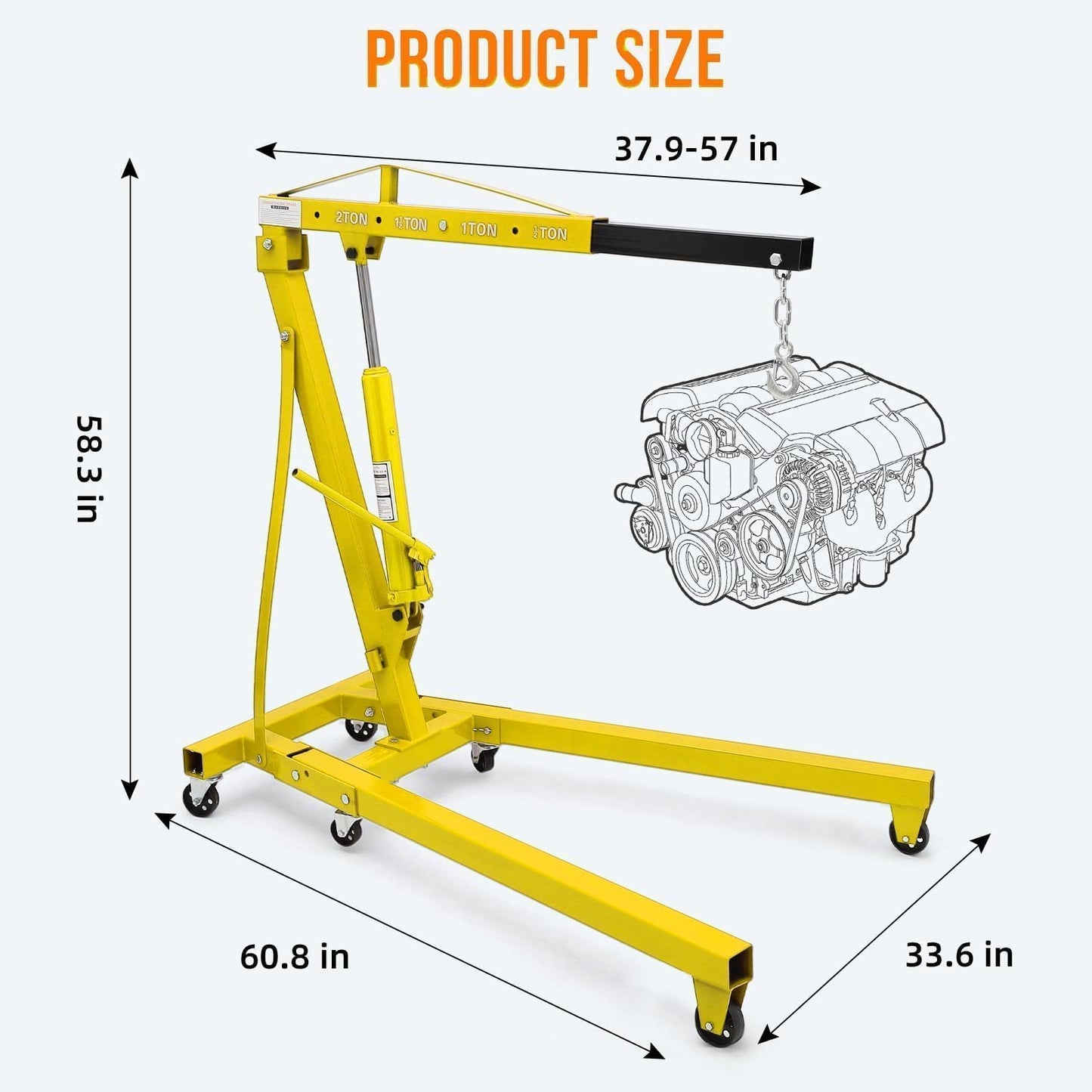 2 Ton Folding Hydraulic Engine Hoist Cherry Picker, 4400 Lbs Capacity, Adjustable Telescoping Boom, Heavy Duty Shop Crane No Load Leveler & 6 Swivel Wheels, for Garage Workshop Warehouse Automotive