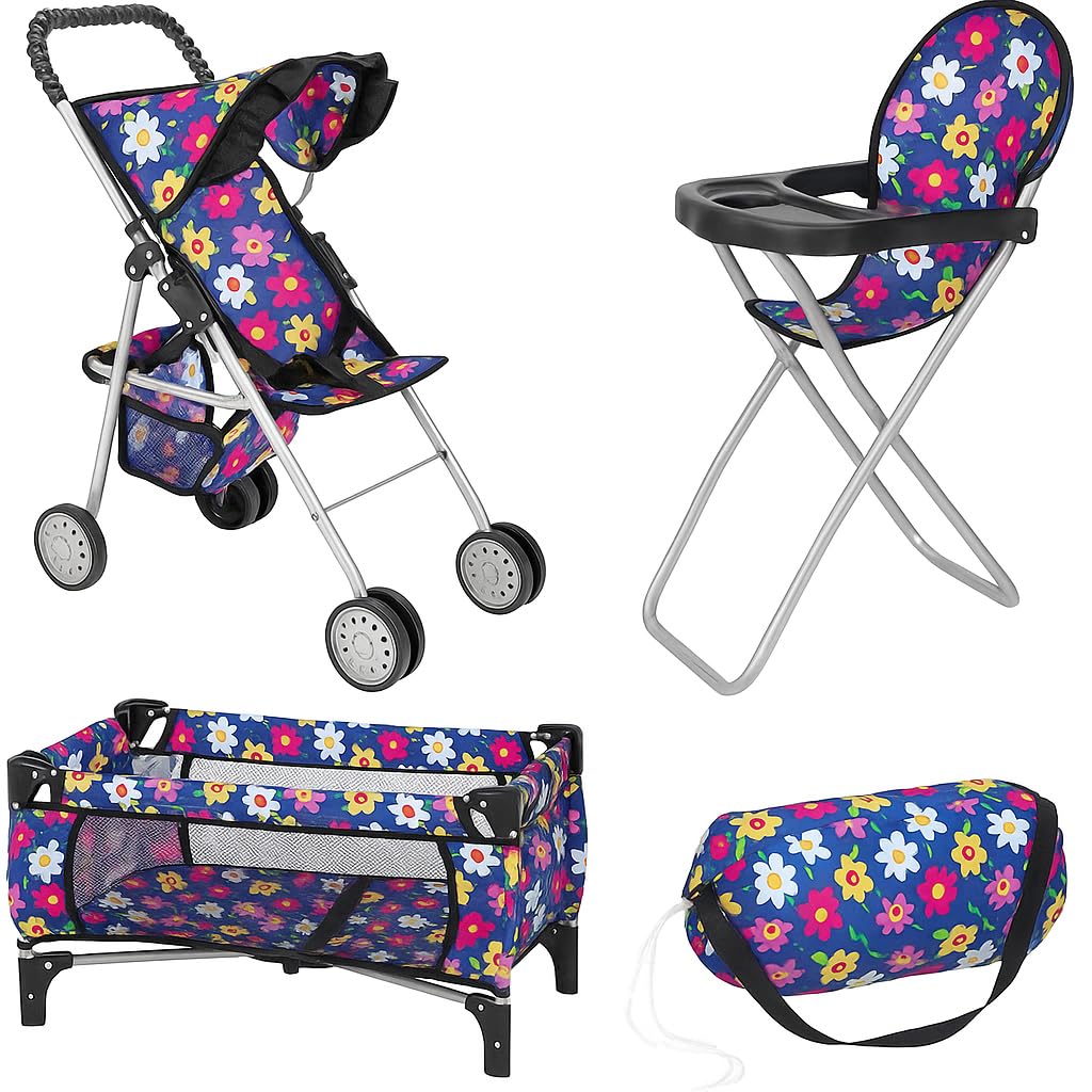 fash n kolor 3 Piece Baby Doll Play Set Flower Design Includes - Foldable Pack N Play, Baby Doll Stroller, Baby Doll High Chair, Fits Up to 18'' Dolls 3 Piece Doll Accessories Set, Best Gift for Girls