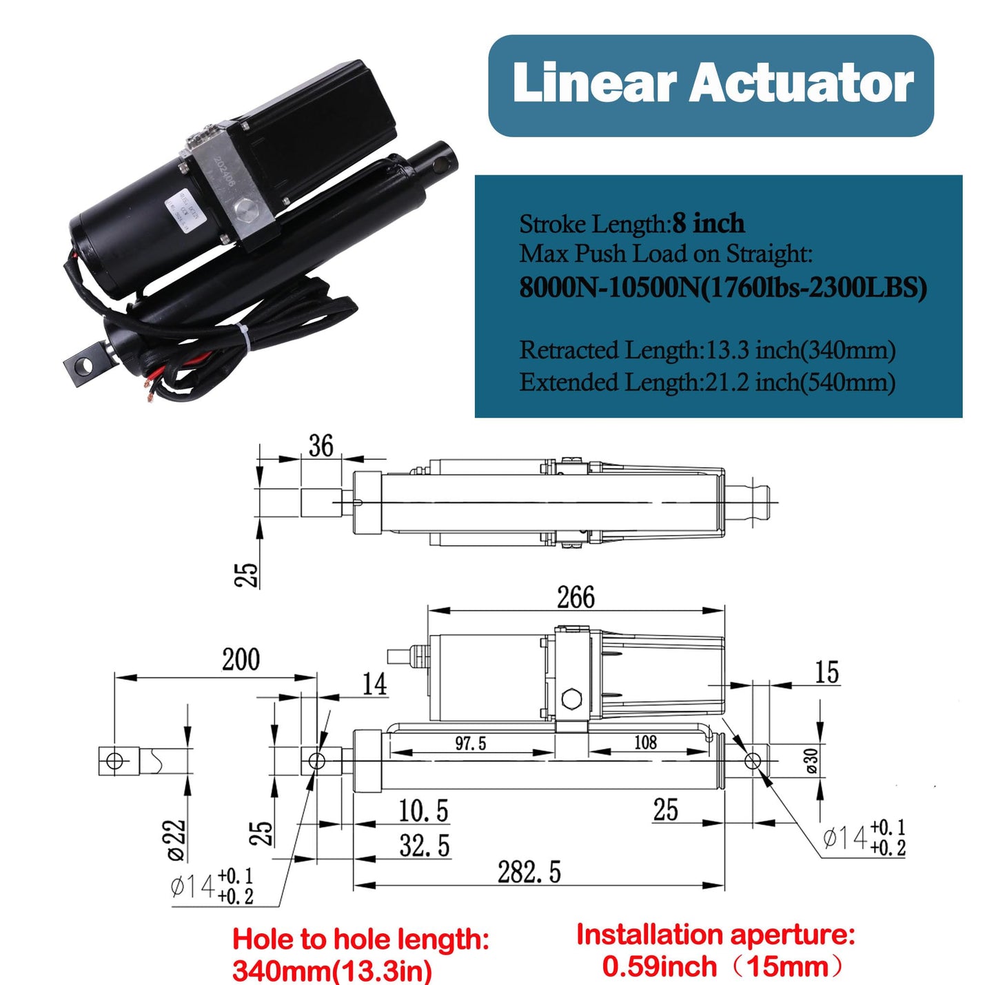 JEENDA DC 12V 8" Hydraulic Motor Heavy Duty Electric Linear Actuator 1760lbs Compatible with Dump Trailers, Lift Tables, Solar Tracking System, Wheelchair Lift,Tractors,Cleaning Vehicle