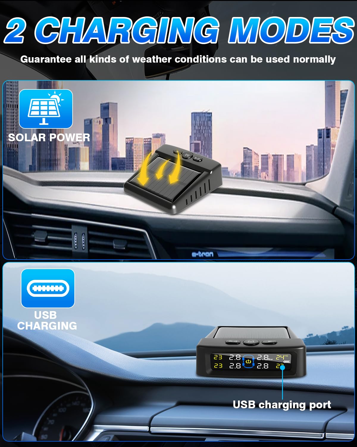 Tire Pressure Monitoring System,RV Tire Pressure Monitor System with Solar Charge or USB, Tire Monitoring System with 4 Sensors & 6 Alarm Modes Real-Time Display for SUV Mpv Rv Tpms Sensors Set of 4