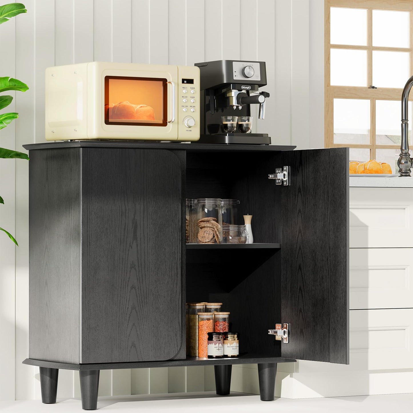 Plamle Curved Edge Sideboard Buffet Cabinet with Storage, Modern Black Freestanding Kitchen Cabinet with Raised Legs and Smooth Paint Finish for Living Room, Entryway, Dining Room