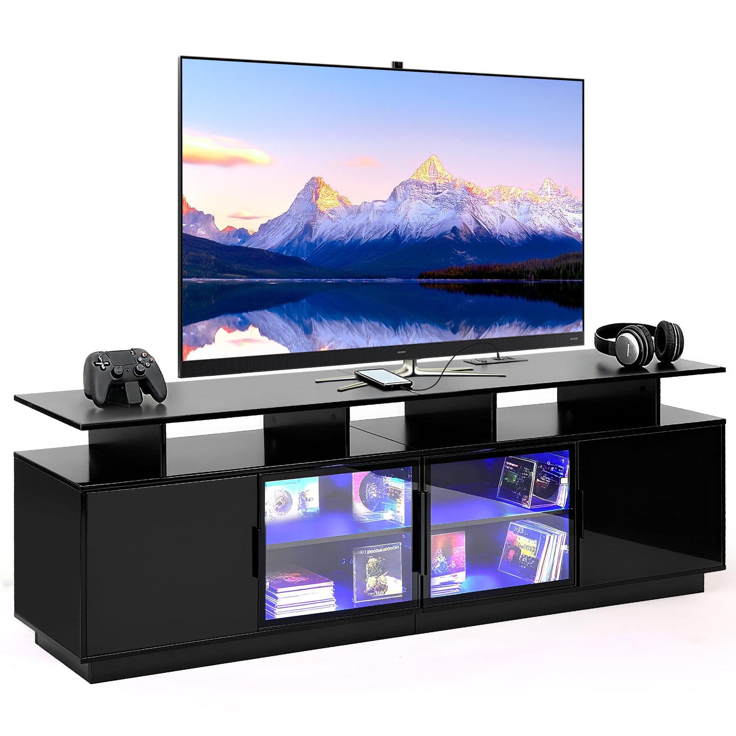 ansefe 70 Inch Black TV Stand with LED Lights, Power Strips, and USB Charging Station for Mobile Phones, Transparent Glass Door Storage Cabinet, Entertainment Center with Large Storage Space