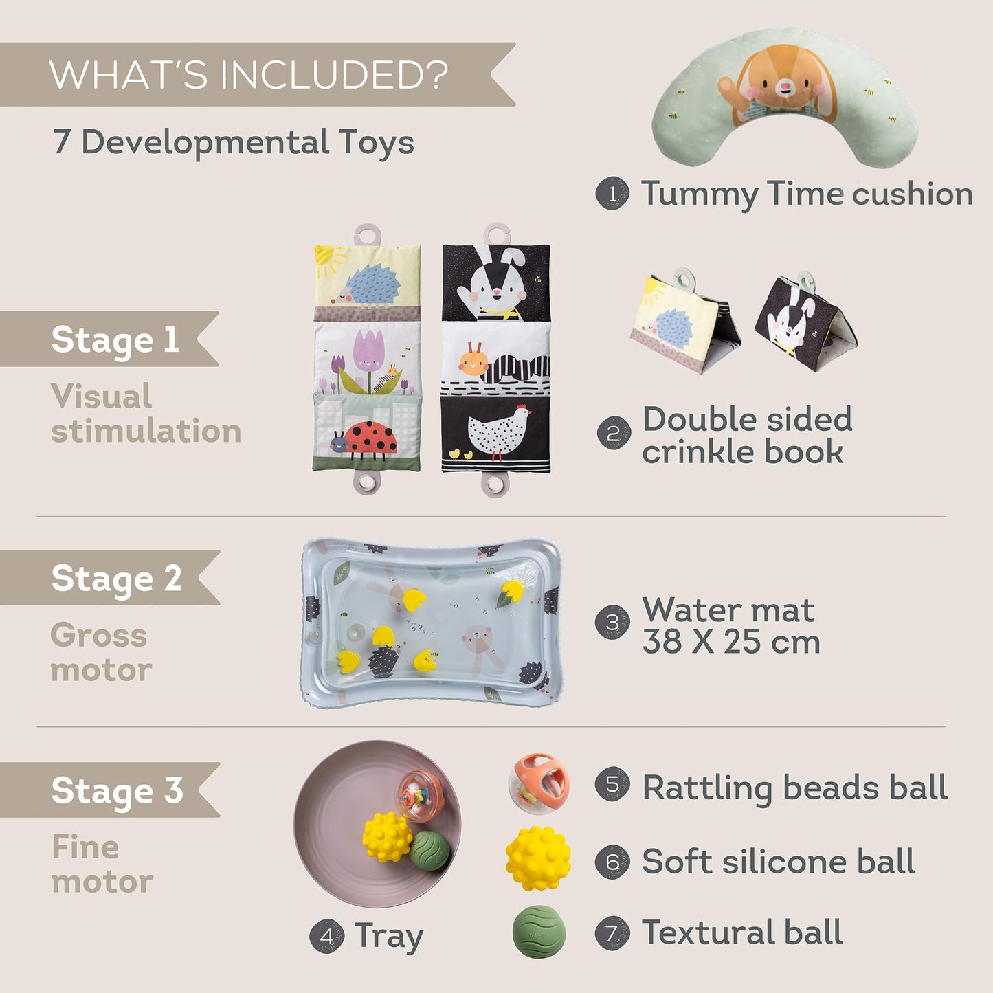 Taf Toys Baby Tummy Time Kit - High Contrast Black and White Crinkle Book, Support Pillow, Activity Water Mat, Sensory Balls, Plate - Newborn Infant Sensory Toy Set