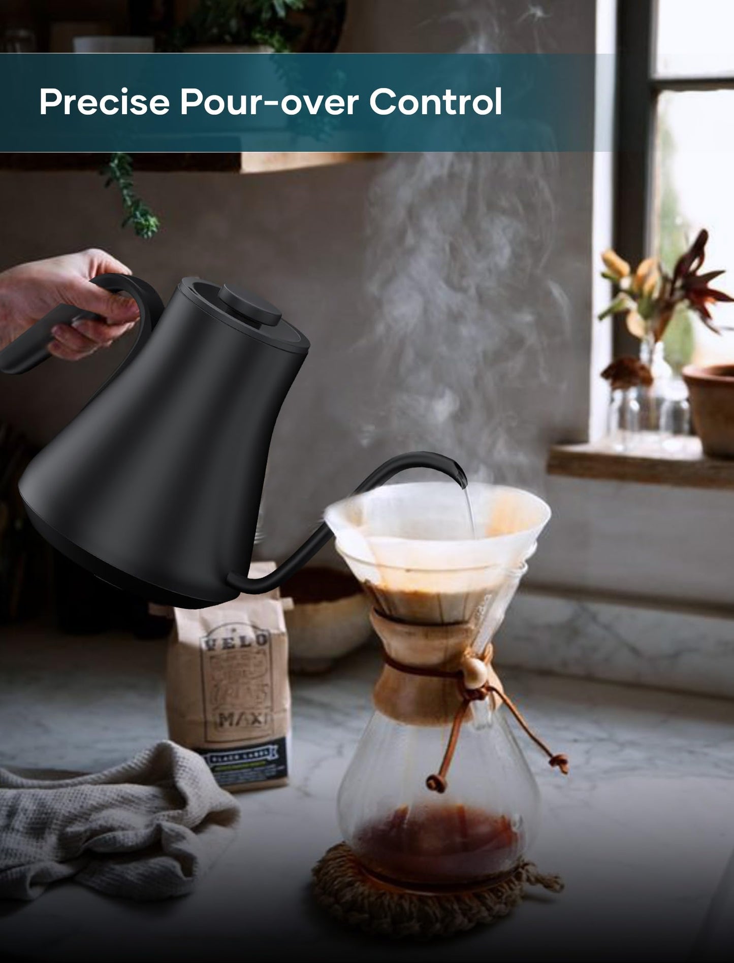 INTASTING Gooseneck Electric Kettle with ±1℉ Temperature Control for Pour Over Coffee & Tea, Quick Heating, BPA-Free Stainless Steel, Built-in Brew Timer, 1500W/0.9L (Ebony Black)