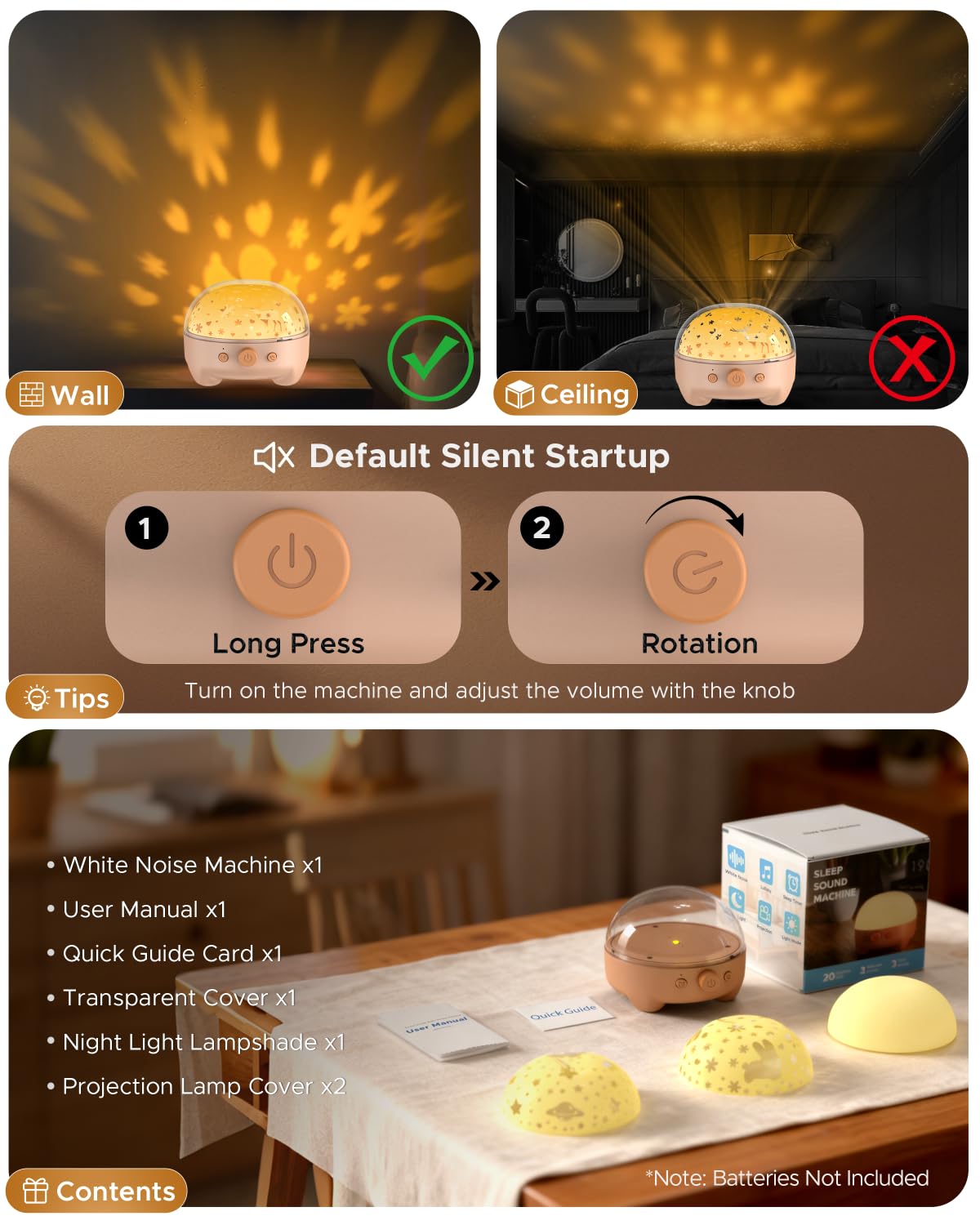 TeckyGem Baby Sound Machine & Night Light for Nursery | 3-In-1 White Noise Sound Machine, Dimmable Nursery Lamp & Projector | 20 Soothing Sounds, Baby Sleep Aid, Gift for Kids, Bedtime & Breastfeeding