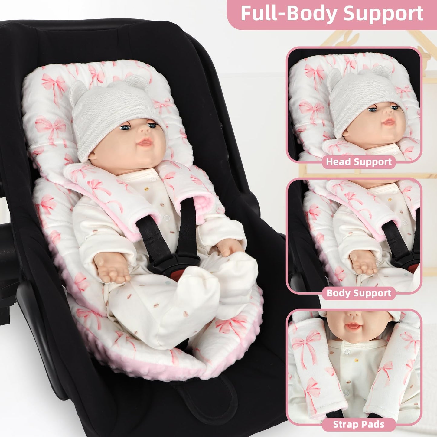 DAYEEBALL Infant Car Seat Insert Cushion, Baby Car Seat Head Body Support for Girls & Boys, Reversible Newborn Car Seat Insert with 2 Extra Strap Paddings, Premature Car Seat Cushion, Pink Bow