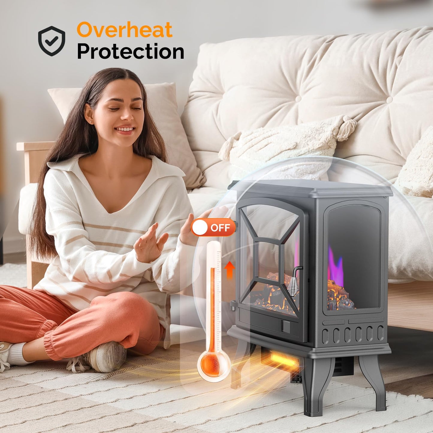 ROVSUN Electric Fireplace Stove, 23''H Freestanding Heater with Realistic Flame Effect, APP & Remote Control, Timer, Adjustable Temp, Overheat & Tip-Over Protection for Bedroom Living Room, 1400W