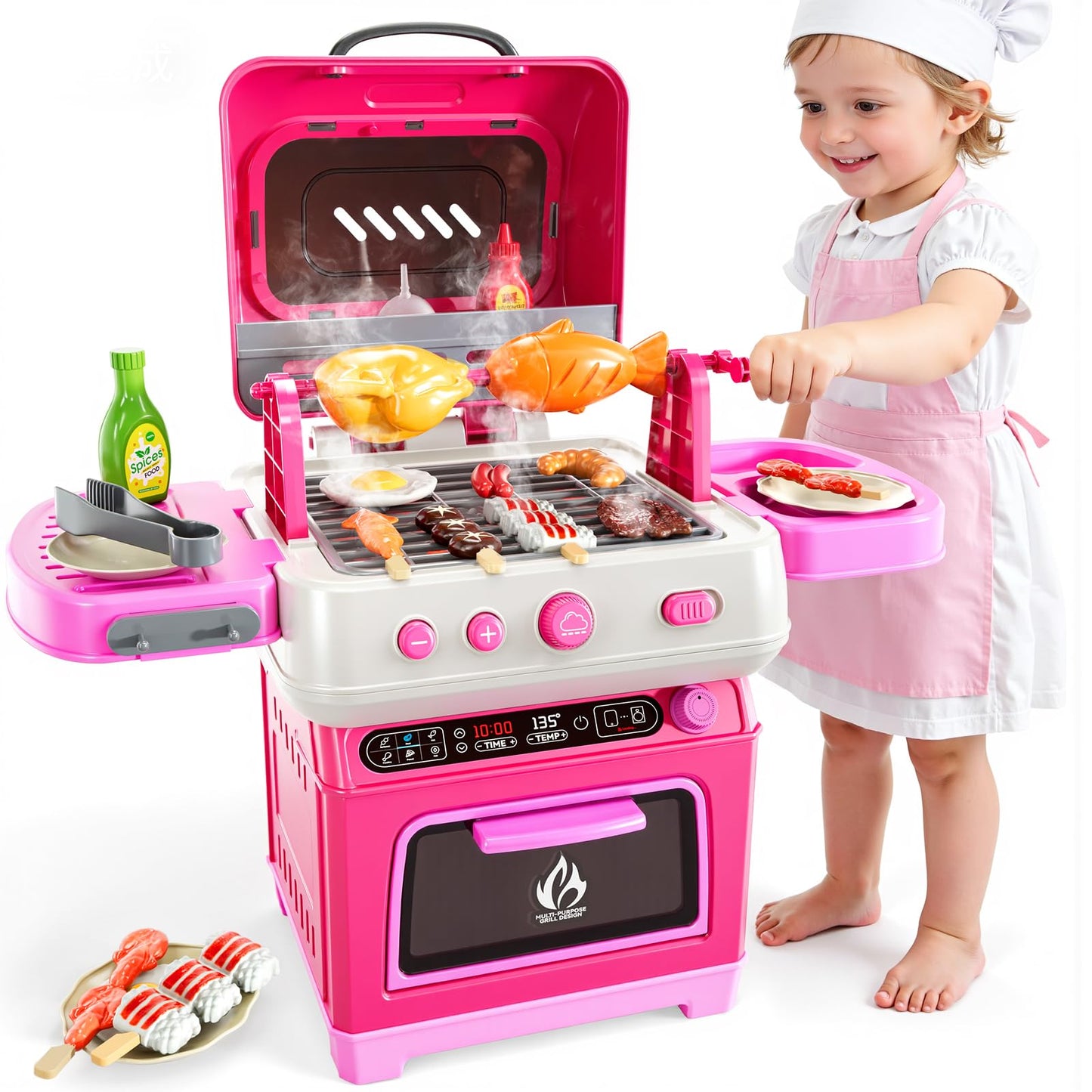 KIZONLY Kids BBQ Grill Playset Toy, 2-Layer Play Kitchen Toddlers Toys with Oven and Smoke, Cooking Toys for Kids Ages 4-8, Light and Sound, Barbecue Outdoor Grill Play Gift Toy for Toddler Girls 3-5
