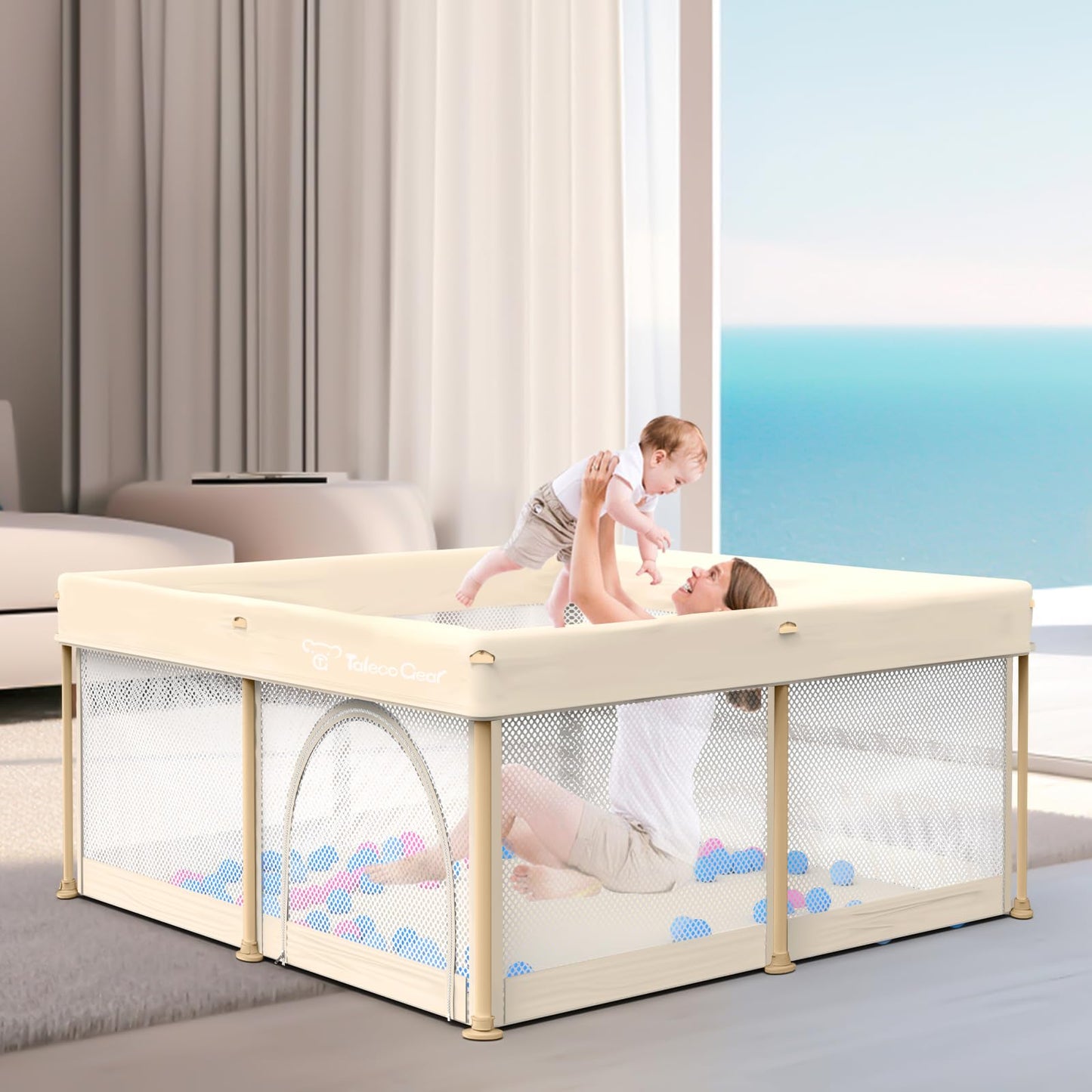 Foldable Baby Playpen for Babies and Toddlers, 50x50 Inch Portable Play Yard, Collapsible Play Pen with Mat, Visible Mesh, 50 Ocean Balls, Indoor/Outdoor Baby Fence Activity Center for Home