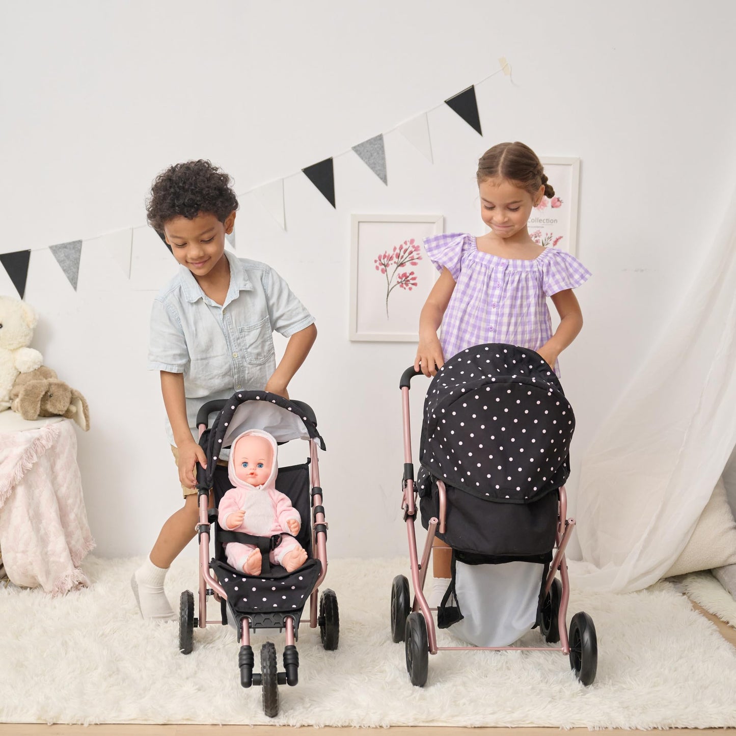 Olivia's Little World Pin Up Foldable Baby Doll Stroller- Classic Style Doll Pram with Retractable Canopy and Storage Basket, Fits 15''-18'' Dolls, Pretend Play Toy for Girls Ages 3-6