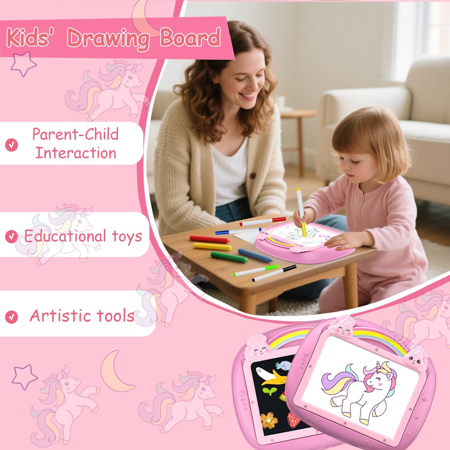 Unicorn Gift for 1-2 Years Old Girl, Girl Toys with Magnetic Letters and Numbers, Portable Doodle Board Easel, Learning and Educational Toy for 1-2 Years Old Girls (Pink)