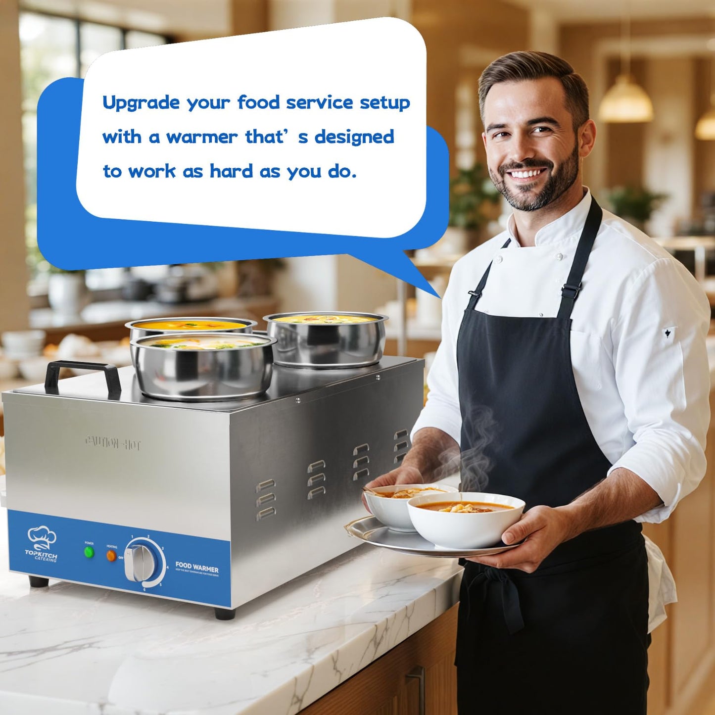 TOPKITCH Commercial 12L Soup Warmer with 3×4L Pot Buffet Bain Marie， Commercial Electric Food Warmer, Seamless One-Piece Tank, 30-85℃ Adjustable Temp Range, UL Certified Key Components-120V,1200W