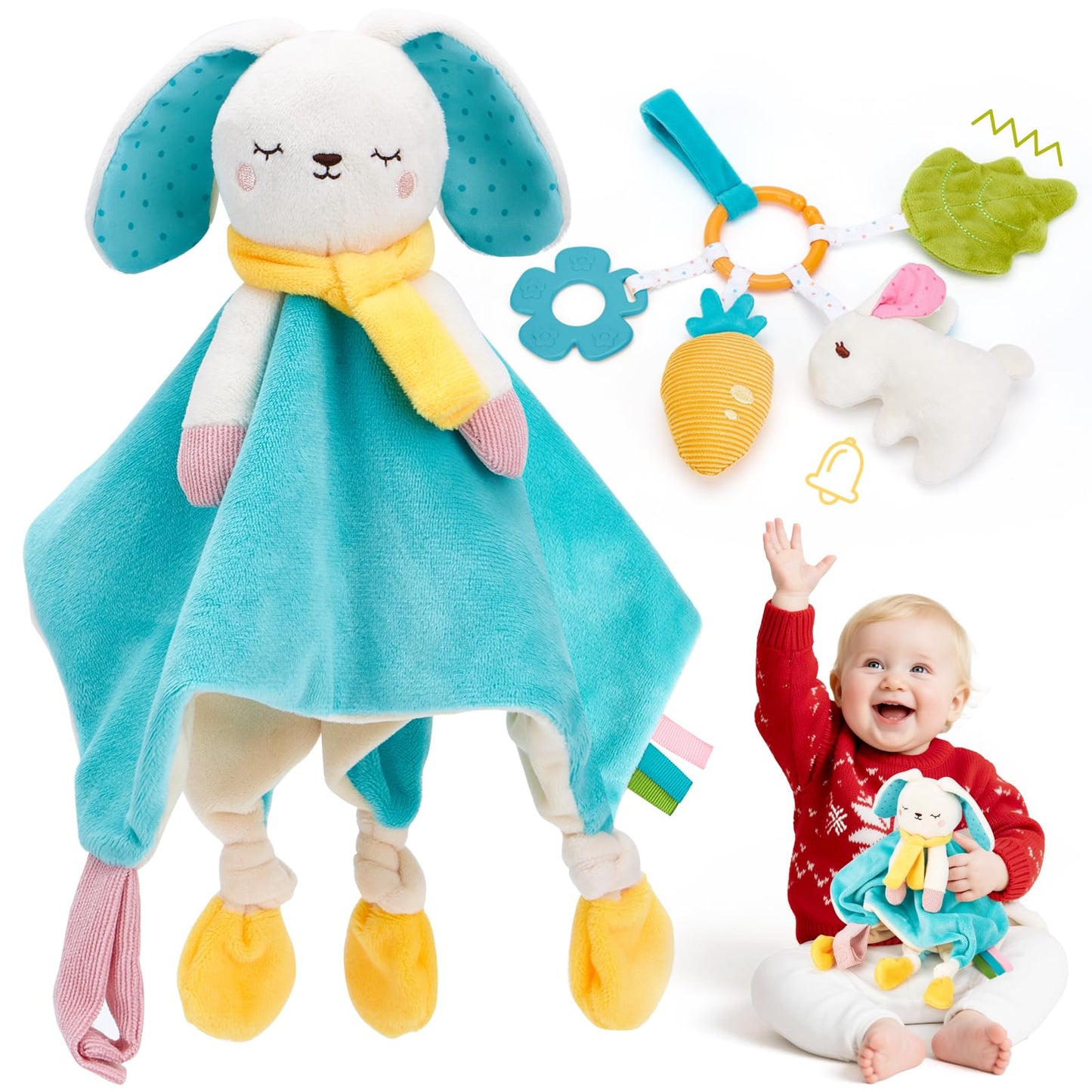 hahaland Baby Lovey Security Blanket, Plush Hanging Sensory Toy with Teether, Rattle & Crinkle for Infant 0-3-6-12 Months, Christmas Set for Boys Girls Snuggle & Play