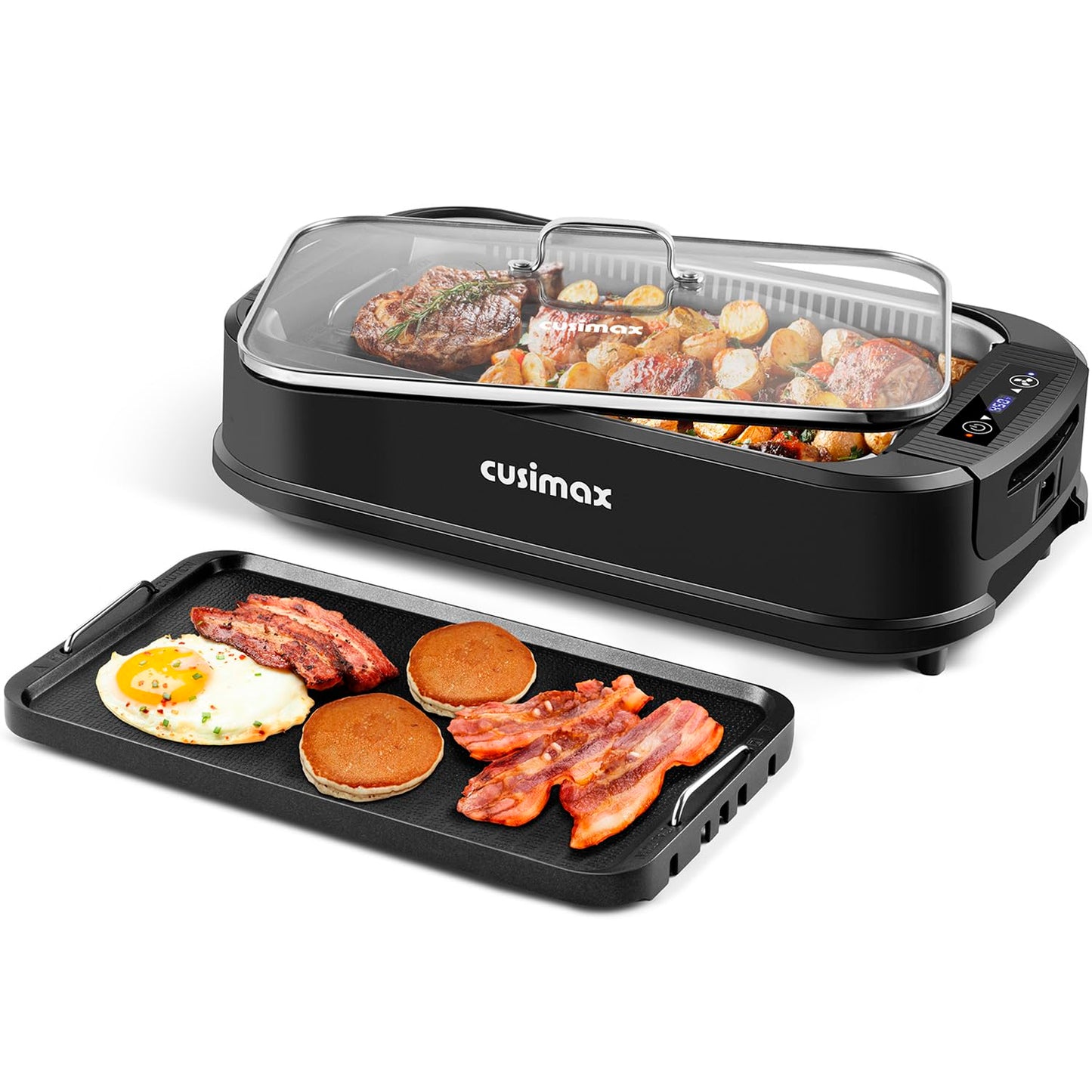 CUSIMAX Indoor Grill, Electric Smokeless Grill, 1500W Korean BBQ Grill, Electric Griddle with LED Smart Display & Tempered Glass Lid, Non-stick Removable Plate & Griddle Plate, Black