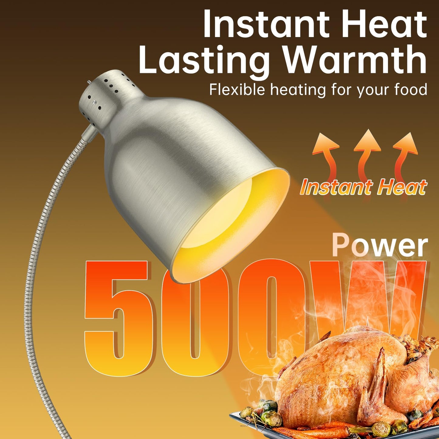 Food Heat Lamp, 500W Commercial Food Warmer Lamp, Rapid & Stable Heating 2-Head Electric Heat Lamp for Buffet, Parties, Catering, Restaurant, Kitchen, Home (Stainless Steel)
