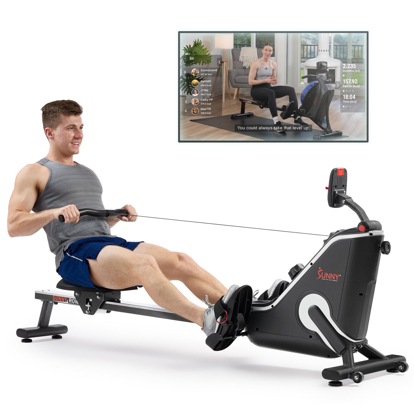 Sunny Health & Fitness Smart Compact Magnetic Rowing Machine with Stainless Steel Slide Rail – Magnetic Resistance Rower for Low-Impact Full-Body Workouts and Users up to 300 LB - SF-RW523043